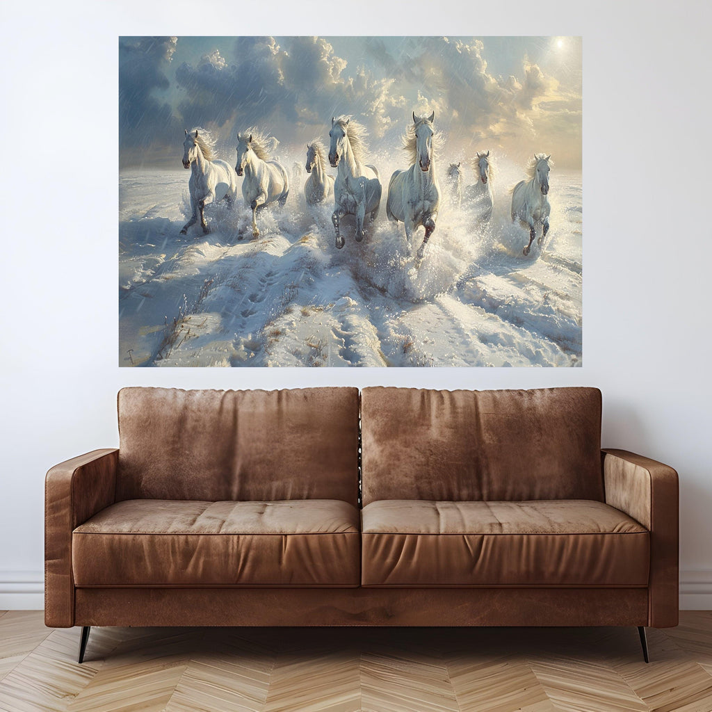 Majestic White Horses Running Through Snow Canvas, Winter Nature Scene Wall Art, Animal Landscape Decoration, Dynamic Outdoor Canvas