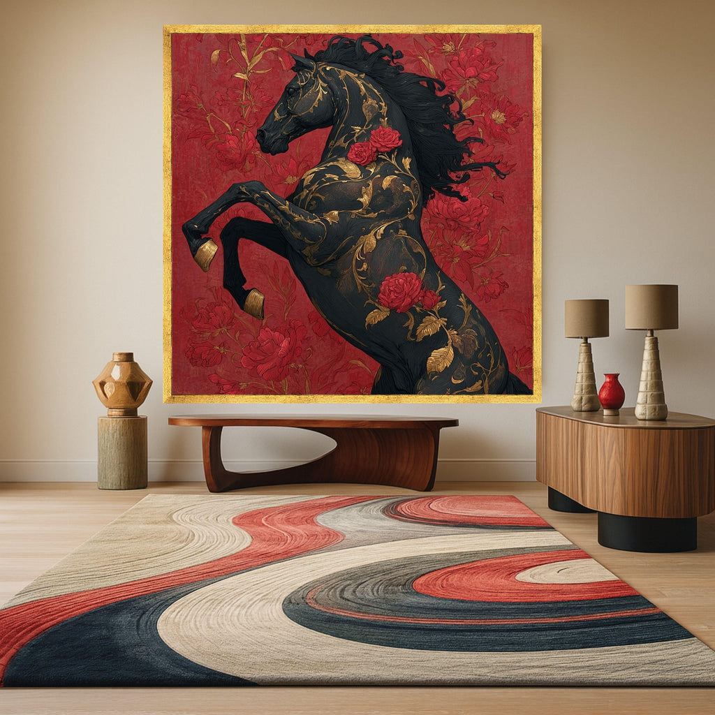 Elegant Black Horse Canvas, Floral Gold Accents Wall Art, Red Rose Decorative Canvas, Bold Animal Artwork, Modern Home Decoration