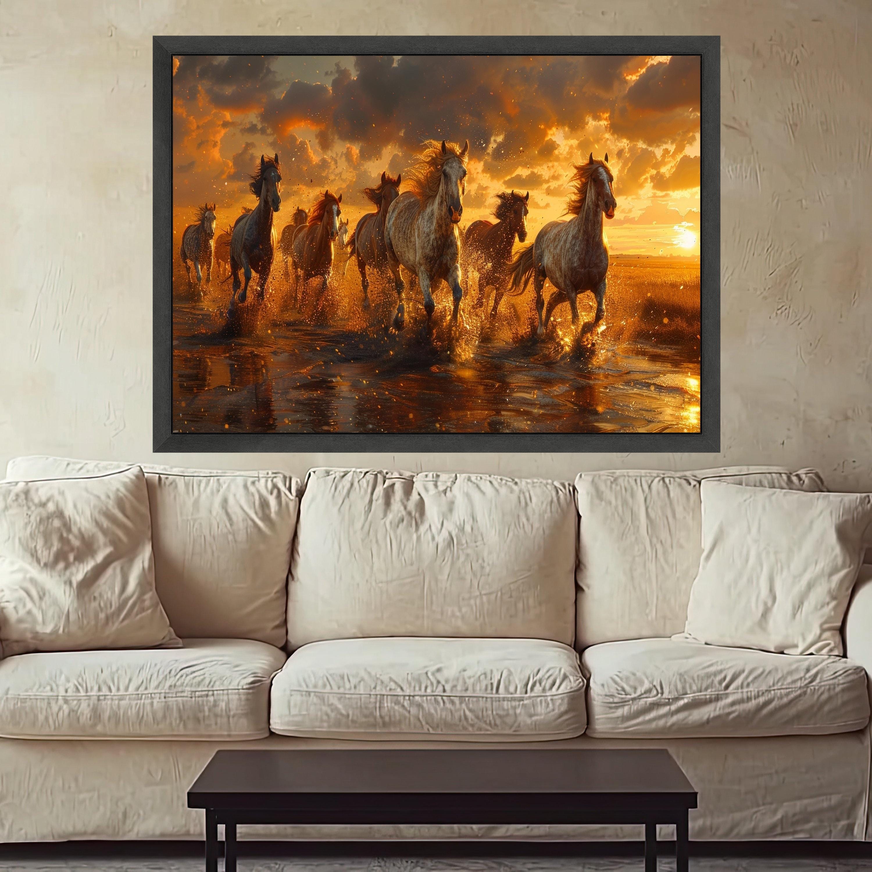 Galloping Horses at Sunset, Wild Horses Canvas Wall Art, Nature Landscape Canvas, Dynamic Animal Scene, Rustic Home Decoration