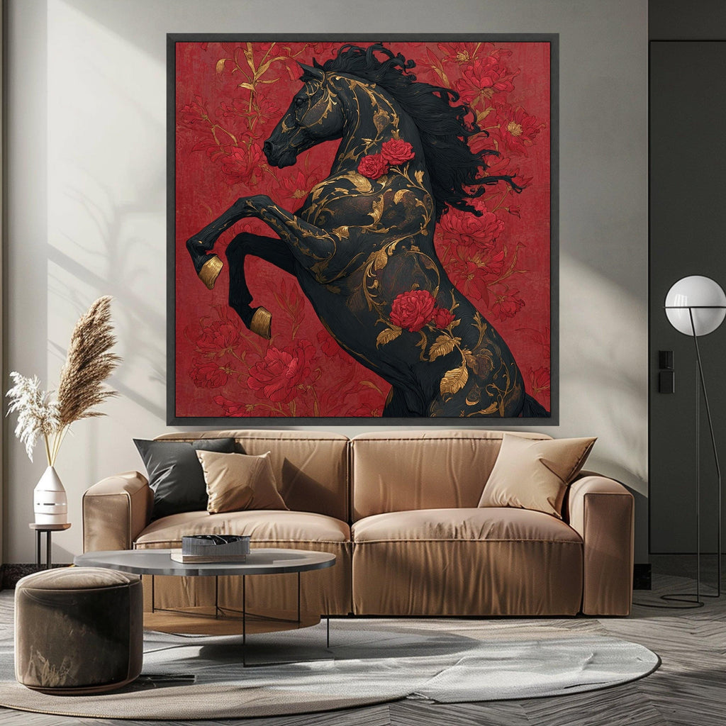 Elegant Black Horse Canvas, Floral Gold Accents Wall Art, Red Rose Decorative Canvas, Bold Animal Artwork, Modern Home Decoration