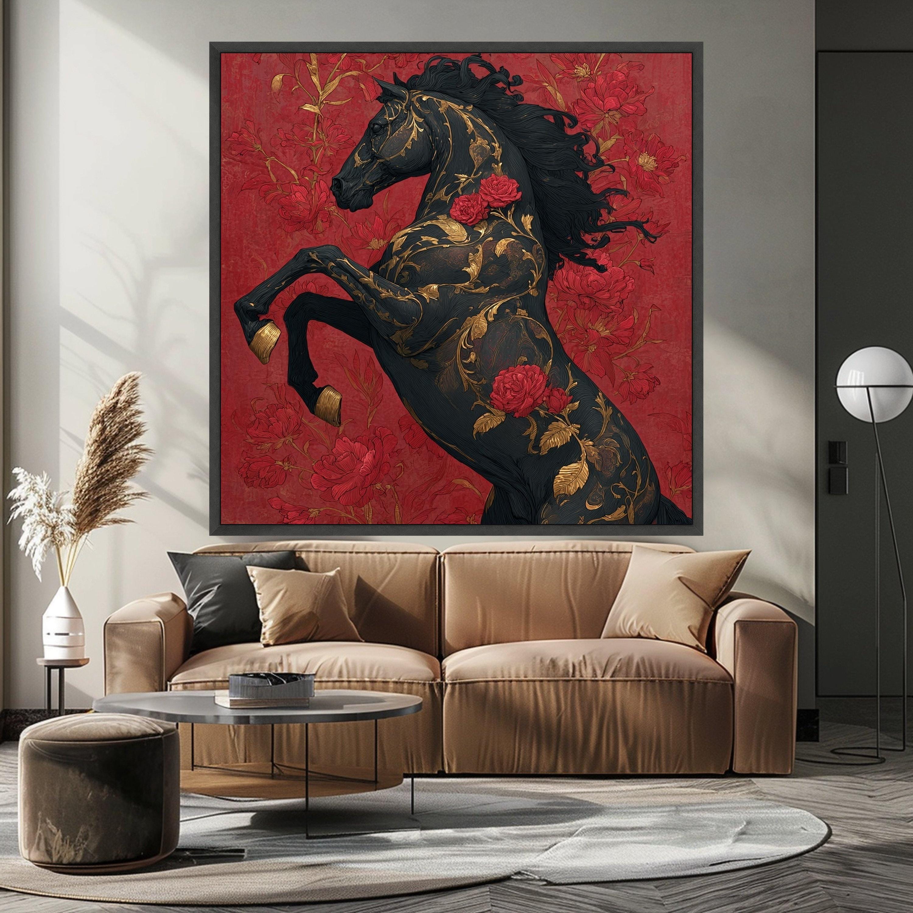 Elegant Black Horse Canvas, Floral Gold Accents Wall Art, Red Rose Decorative Canvas, Bold Animal Artwork, Modern Home Decoration