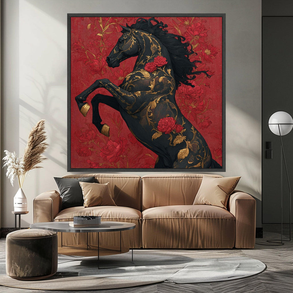 Elegant Black Horse Canvas, Floral Gold Accents Wall Art, Red Rose Decorative Canvas, Bold Animal Artwork, Modern Home Decoration