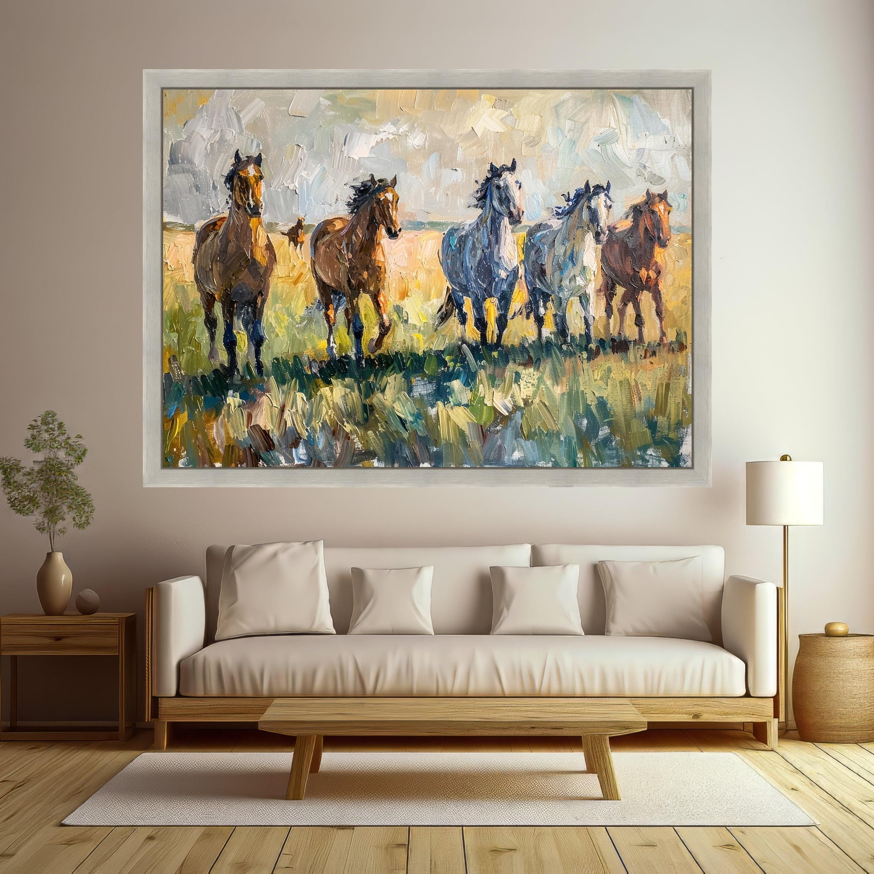 Running Horses Canvas Wall Art, Abstract Equestrian Painting, Wild Horses in Field, Nature Animal Canvas, Rustic Home Decor