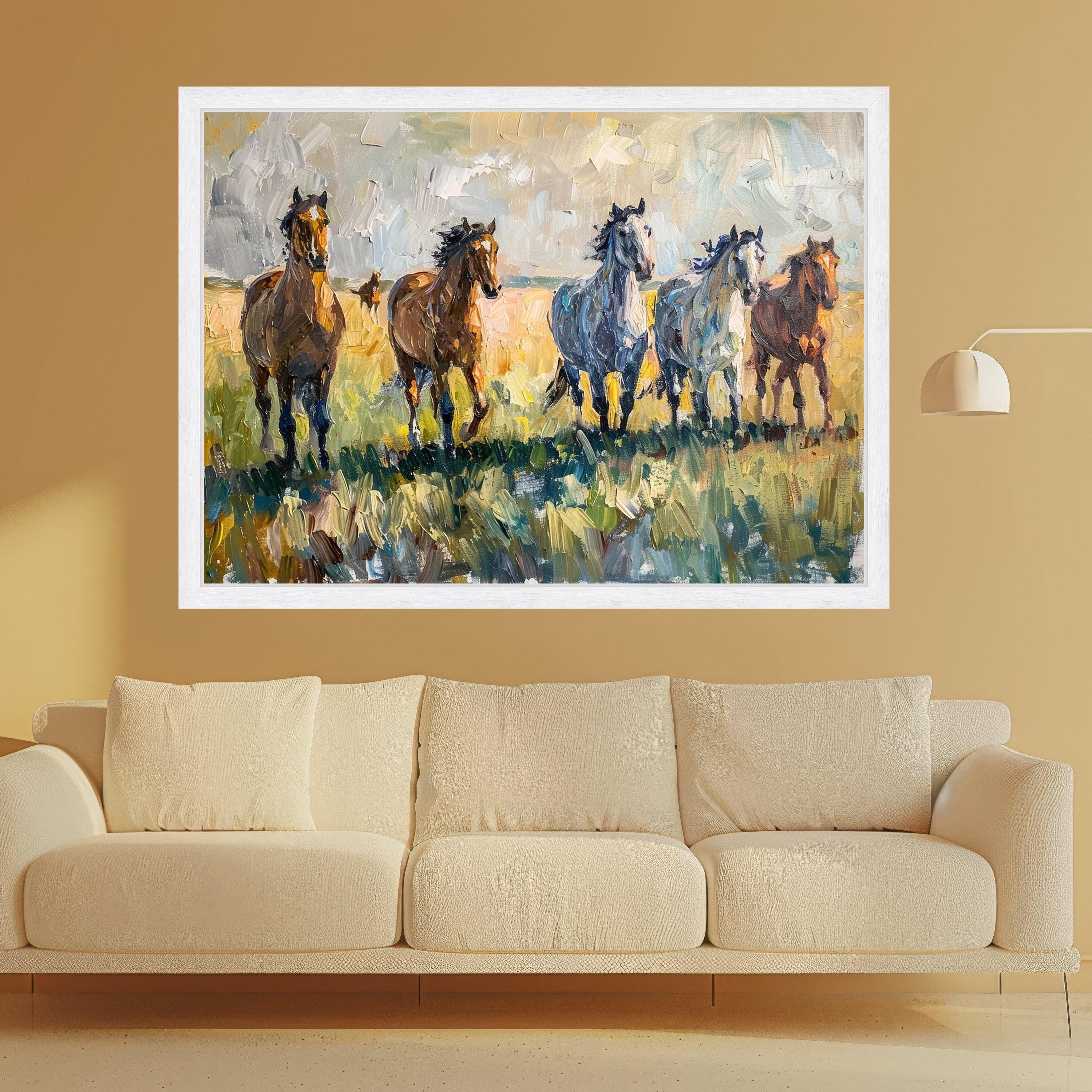 Running Horses Canvas Wall Art, Abstract Equestrian Painting, Wild Horses in Field, Nature Animal Canvas, Rustic Home Decor