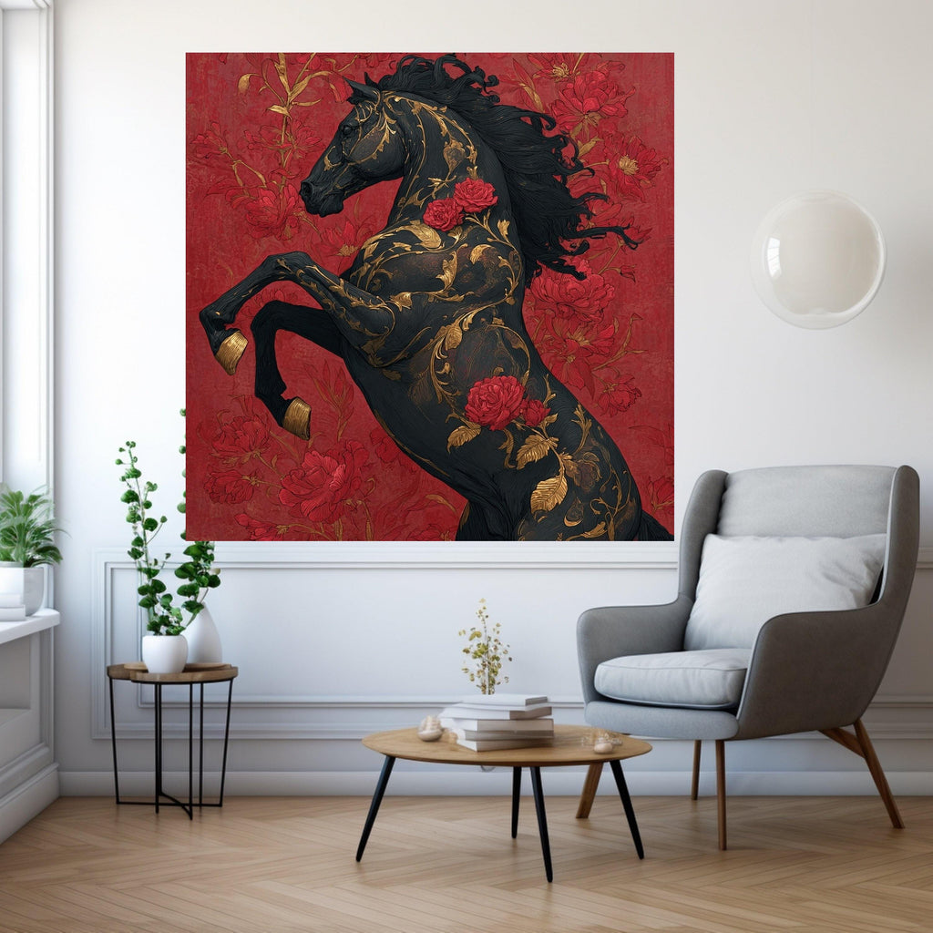 Elegant Black Horse Canvas, Floral Gold Accents Wall Art, Red Rose Decorative Canvas, Bold Animal Artwork, Modern Home Decoration