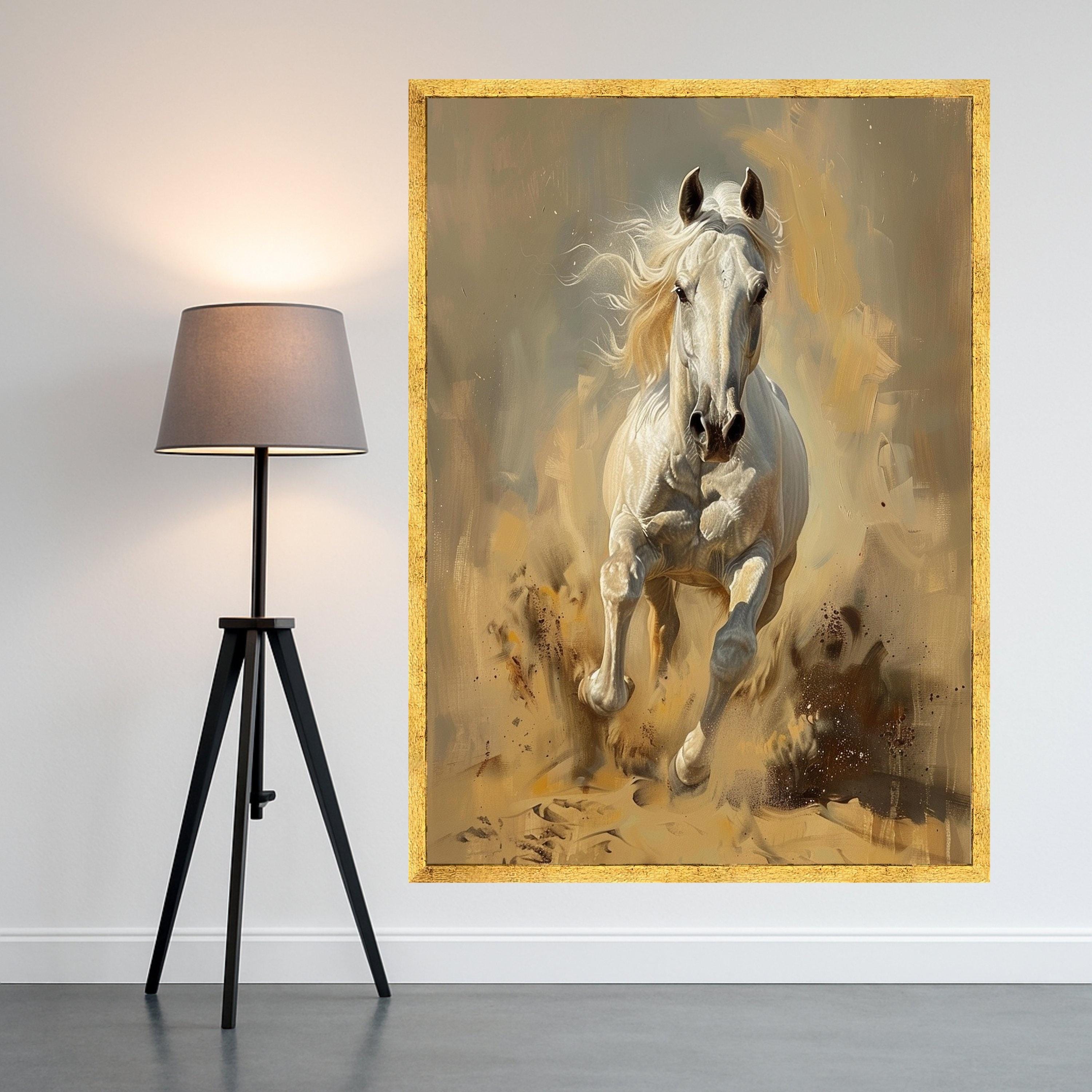 Majestic White Horse Running Canvas, Dynamic Animal Wall Art, Equestrian Home Decor, Energetic Horse Print, Modern Canvas Decoration