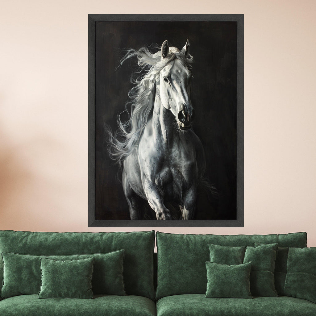 Majestic White Horse Canvas Wall Art, Running Stallion Artwork, Equestrian Animal Decor, Dynamic Horse Portrait Canvas, Ready to Hang