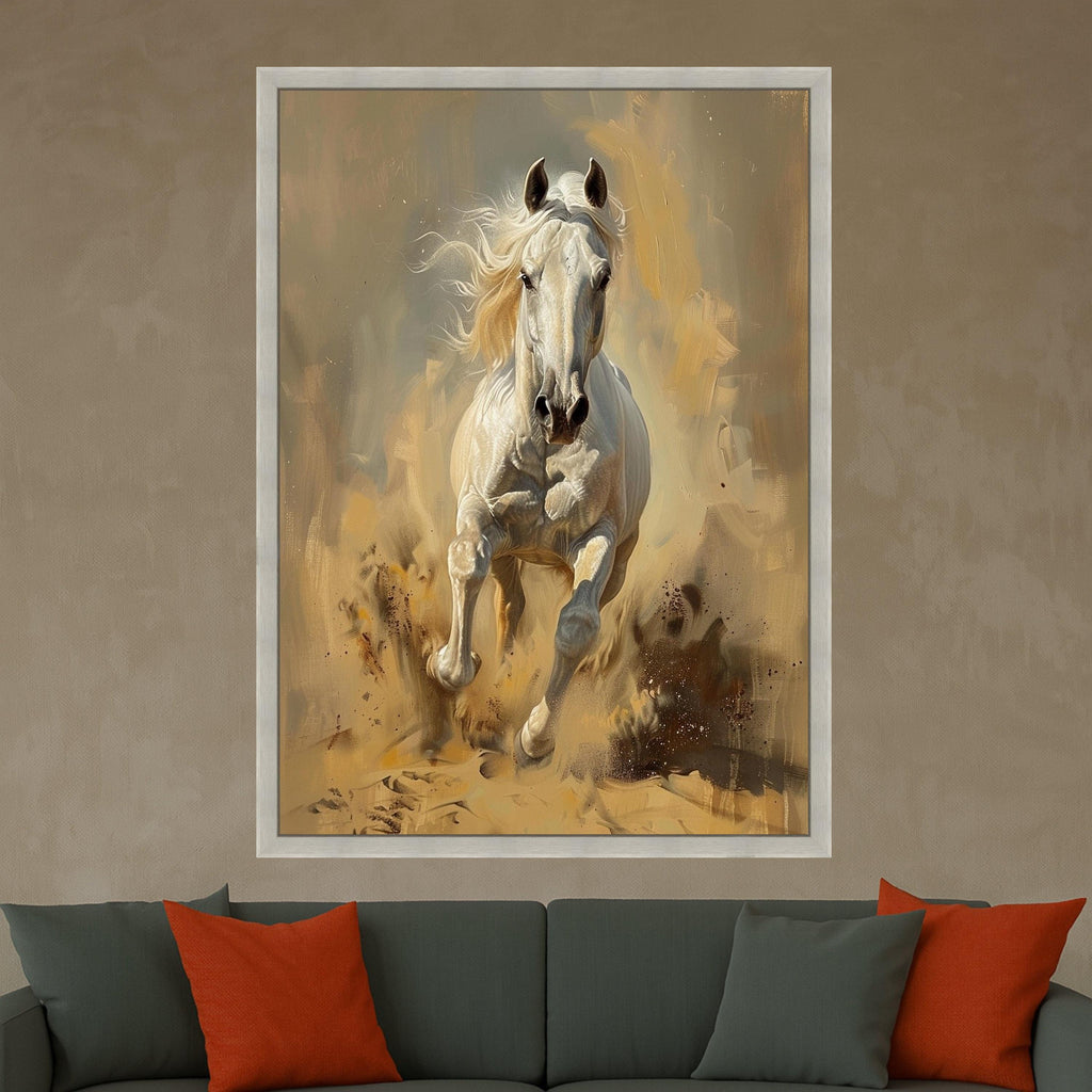 Majestic White Horse Running Canvas, Dynamic Animal Wall Art, Equestrian Home Decor, Energetic Horse Print, Modern Canvas Decoration