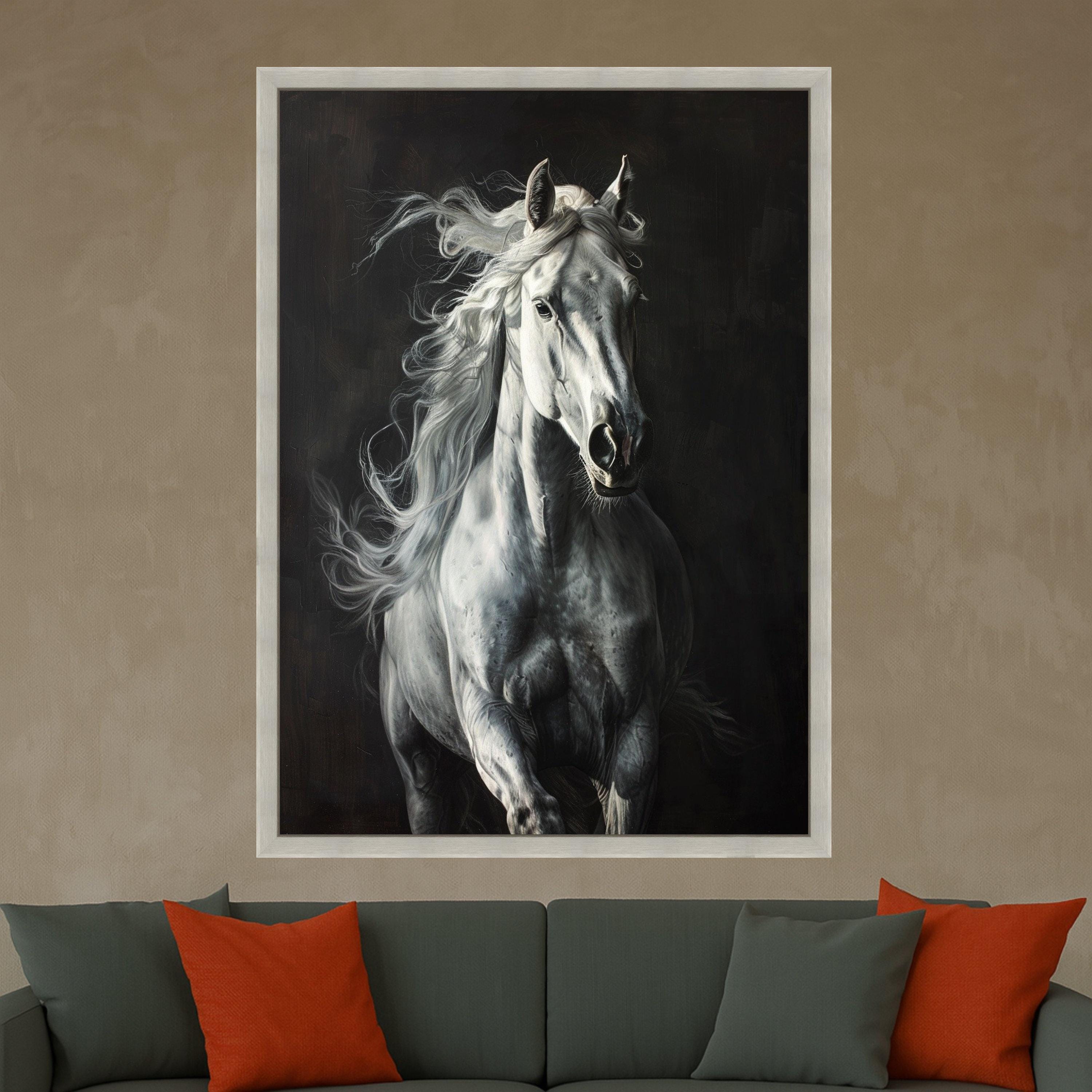 Majestic White Horse Canvas Wall Art, Running Stallion Artwork, Equestrian Animal Decor, Dynamic Horse Portrait Canvas, Ready to Hang