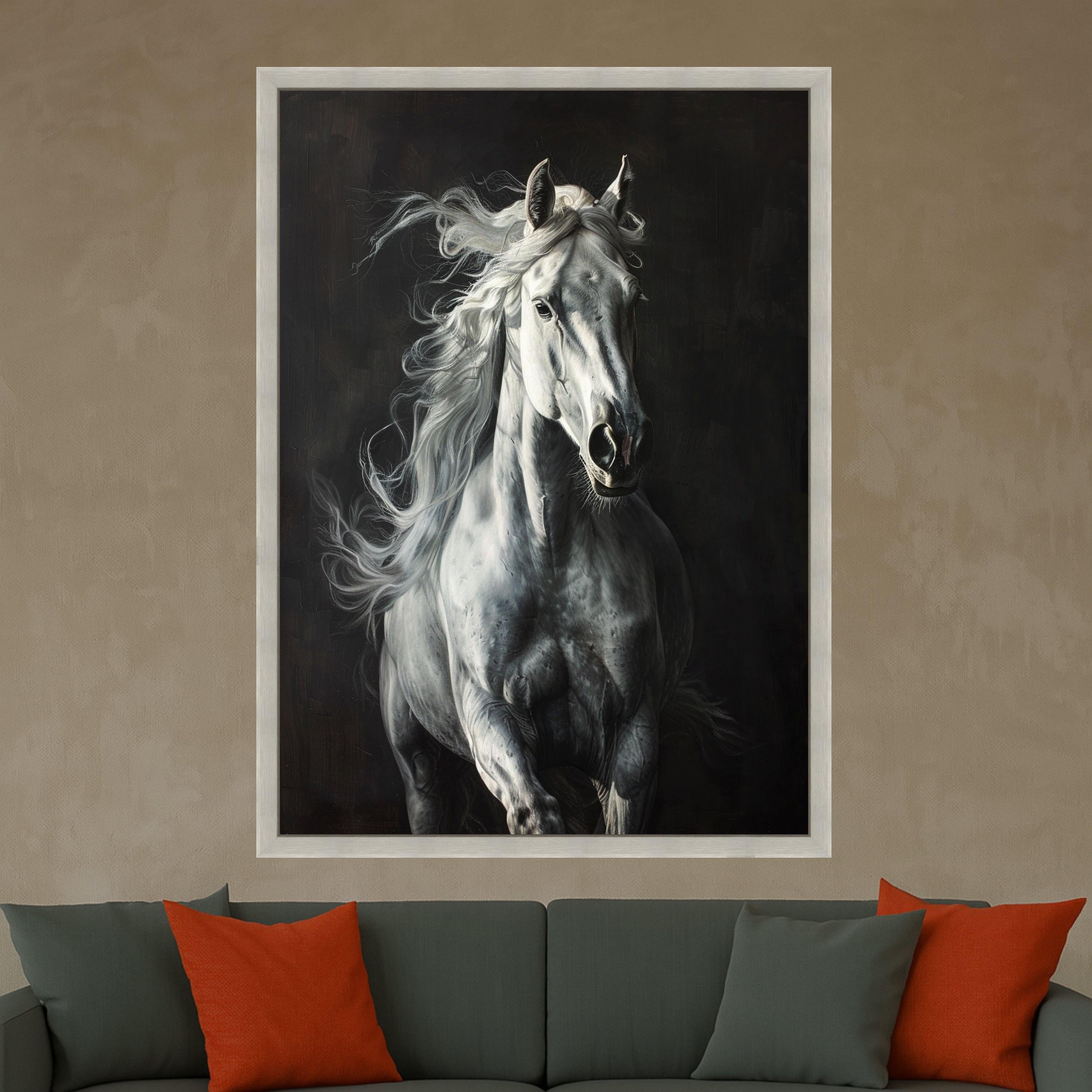 Majestic White Horse Canvas Wall Art, Running Stallion Artwork, Equestrian Animal Decor, Dynamic Horse Portrait Canvas, Ready to Hang