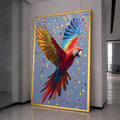 Vibrant Scarlet Macaw Canvas, Colorful Flying Parrot Wall Art, Tropical Bird Decoration, Bright Nature Canvas, Confetti Background Design
