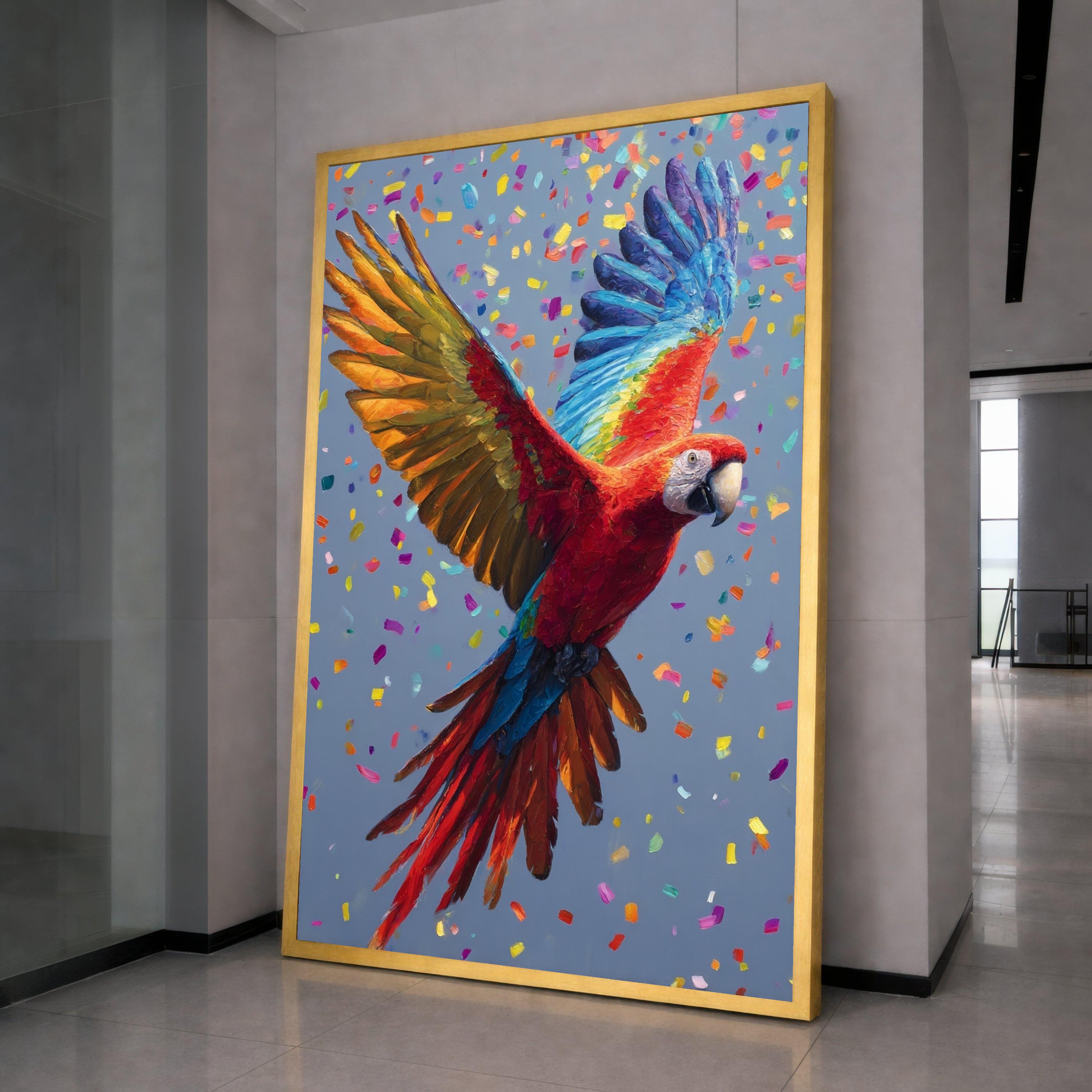 Vibrant Scarlet Macaw Canvas, Colorful Flying Parrot Wall Art, Tropical Bird Decoration, Bright Nature Canvas, Confetti Background Design