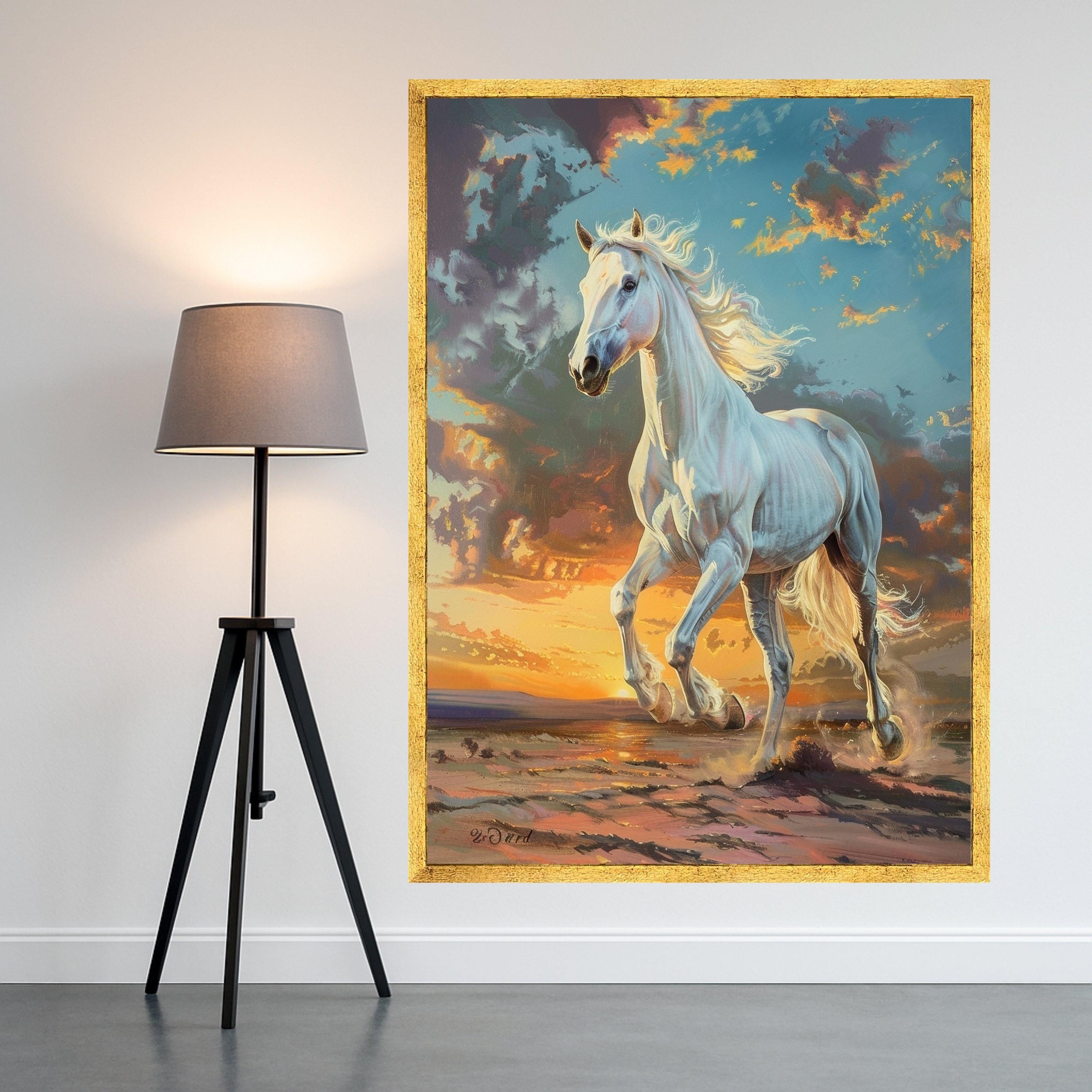 Majestic White Horse Running at Sunset, Wilderness Canvas Wall Art, Equine Nature Painting, Scenic Landscape Canvas, Inspirational Home