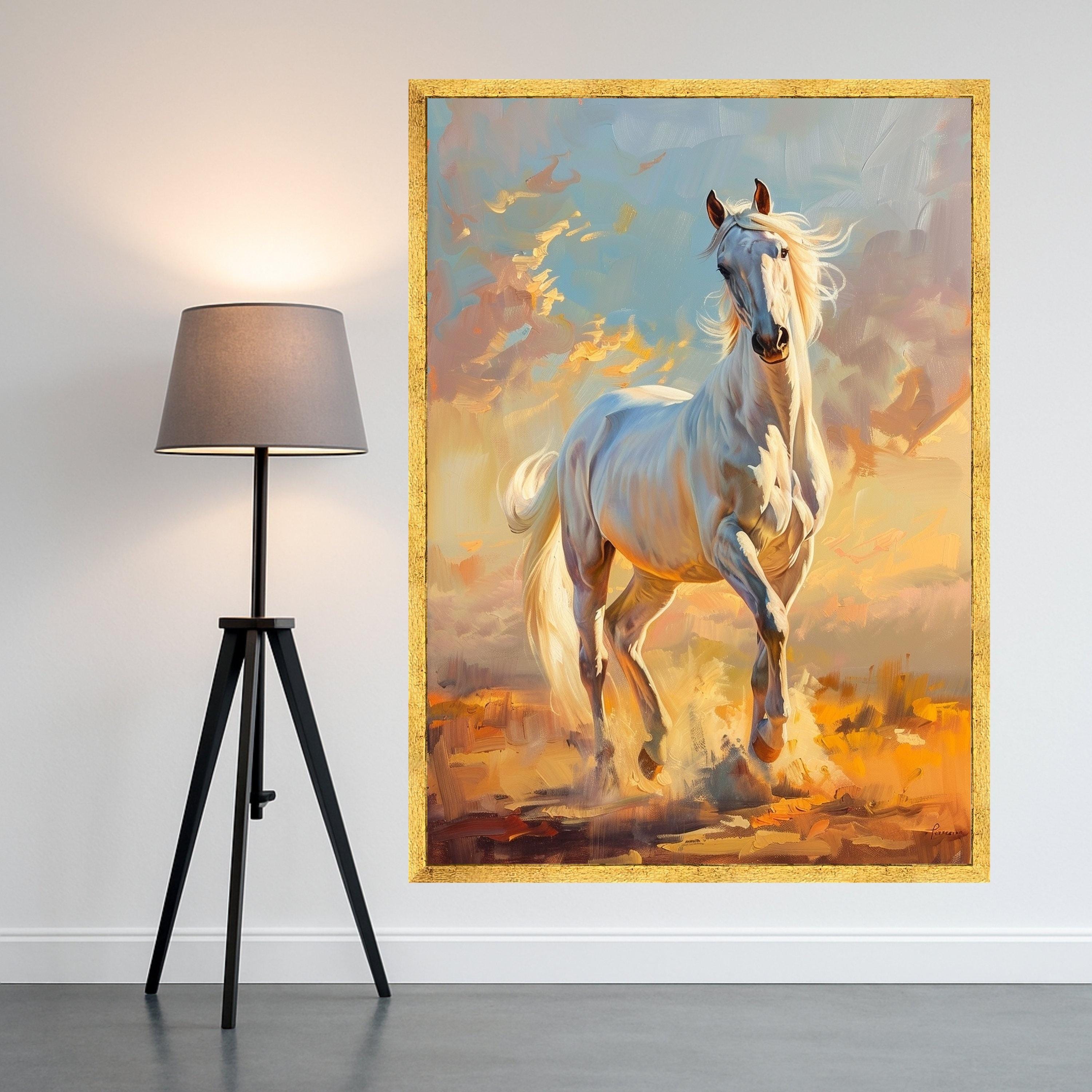 Majestic White Horse Canvas, Running Stallion Wall Art, Equestrian Home Decor, Nature Animal Canvas, Dynamic Horse Painting