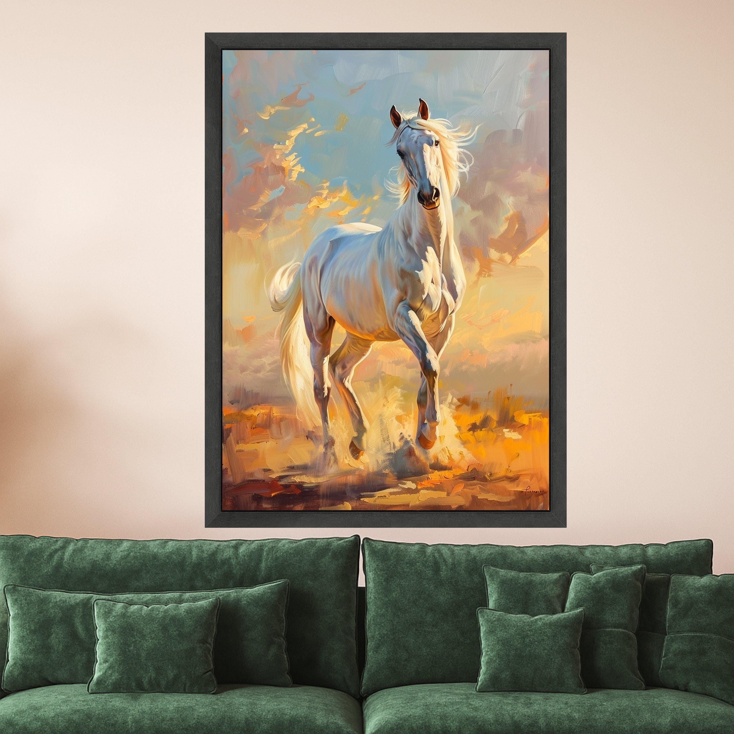 Majestic White Horse Canvas, Running Stallion Wall Art, Equestrian Home Decor, Nature Animal Canvas, Dynamic Horse Painting