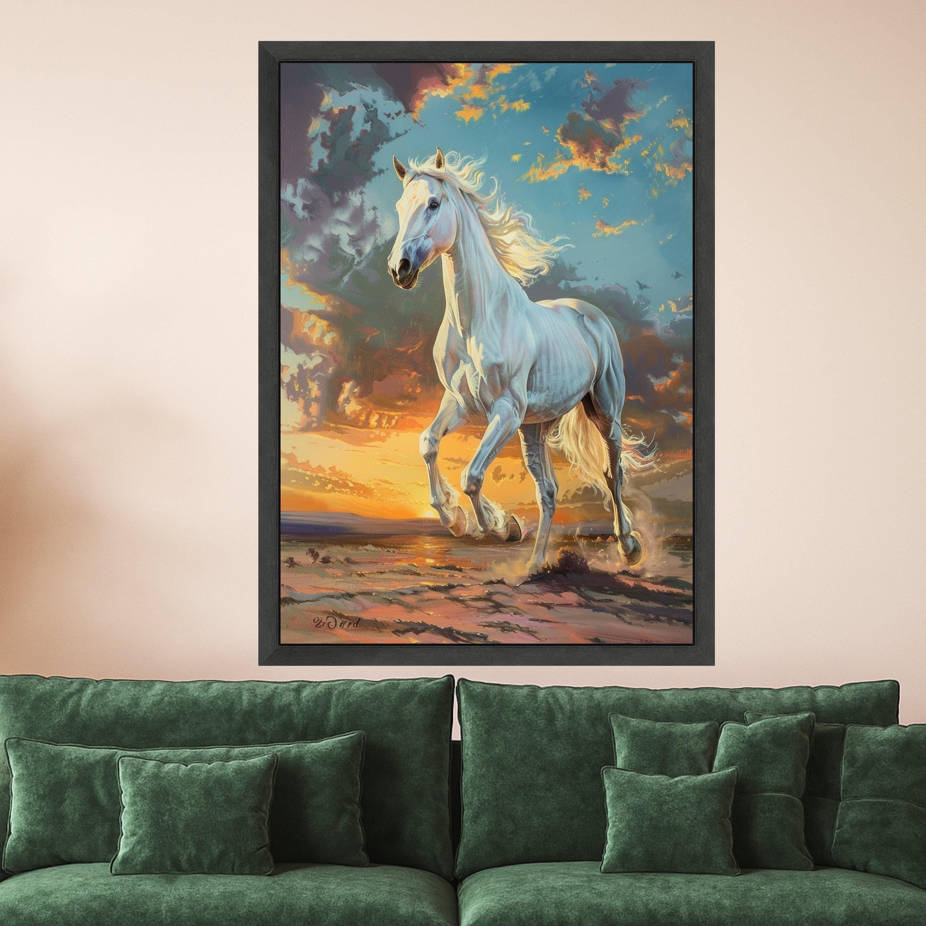 Majestic White Horse Running at Sunset, Wilderness Canvas Wall Art, Equine Nature Painting, Scenic Landscape Canvas, Inspirational Home