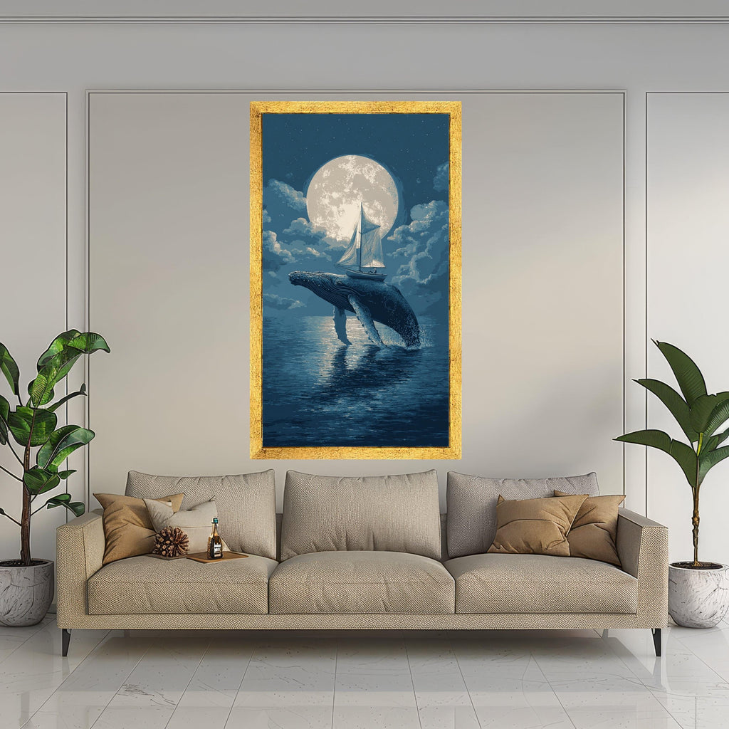 Moonlit Whale Jump, Sailboat Adventure Canvas, Ocean Night Sky Wall Art, Nautical Theme Canvas, Surreal Marine Decoration