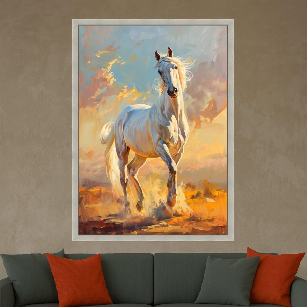Majestic White Horse Canvas, Running Stallion Wall Art, Equestrian Home Decor, Nature Animal Canvas, Dynamic Horse Painting