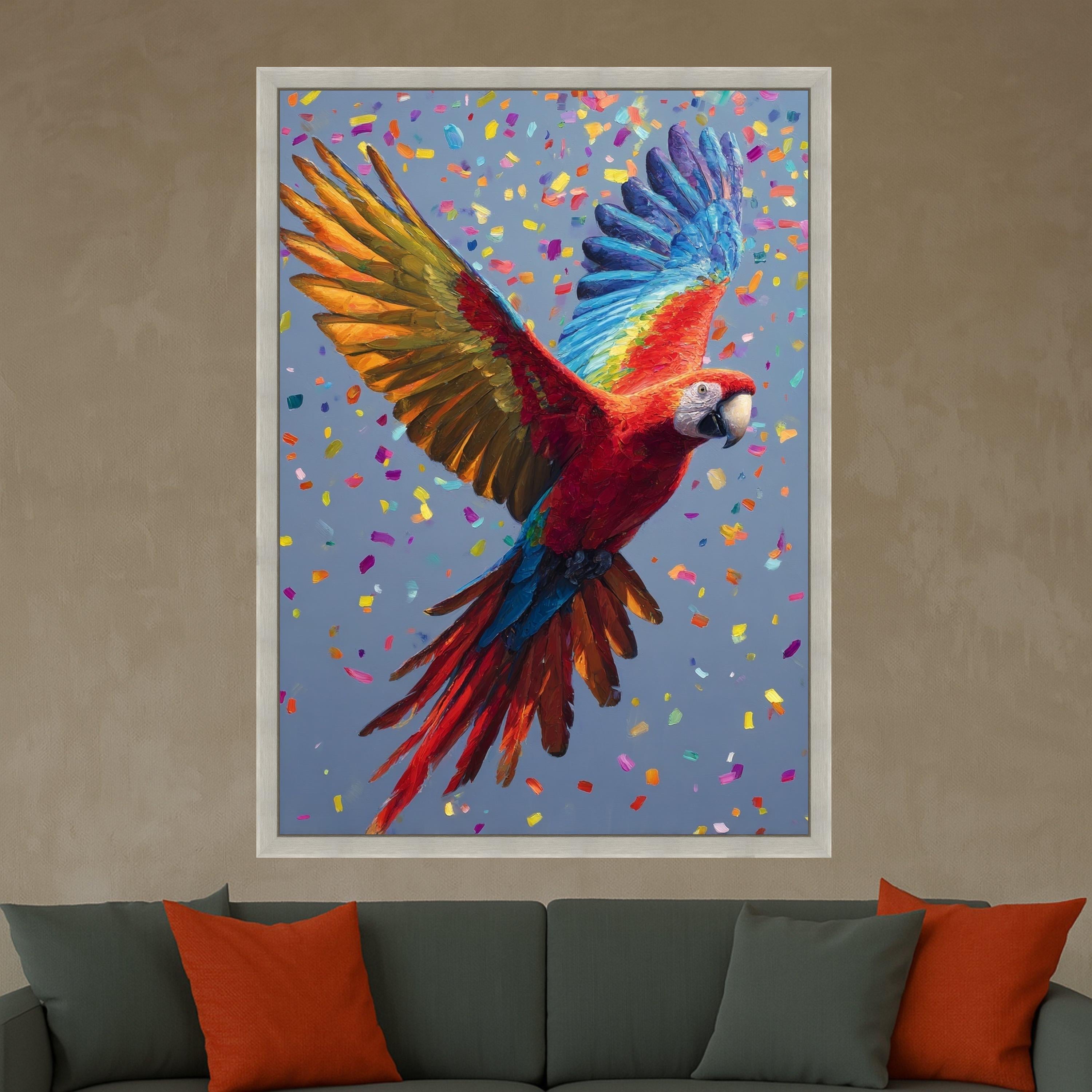 Vibrant Scarlet Macaw Canvas, Colorful Flying Parrot Wall Art, Tropical Bird Decoration, Bright Nature Canvas, Confetti Background Design