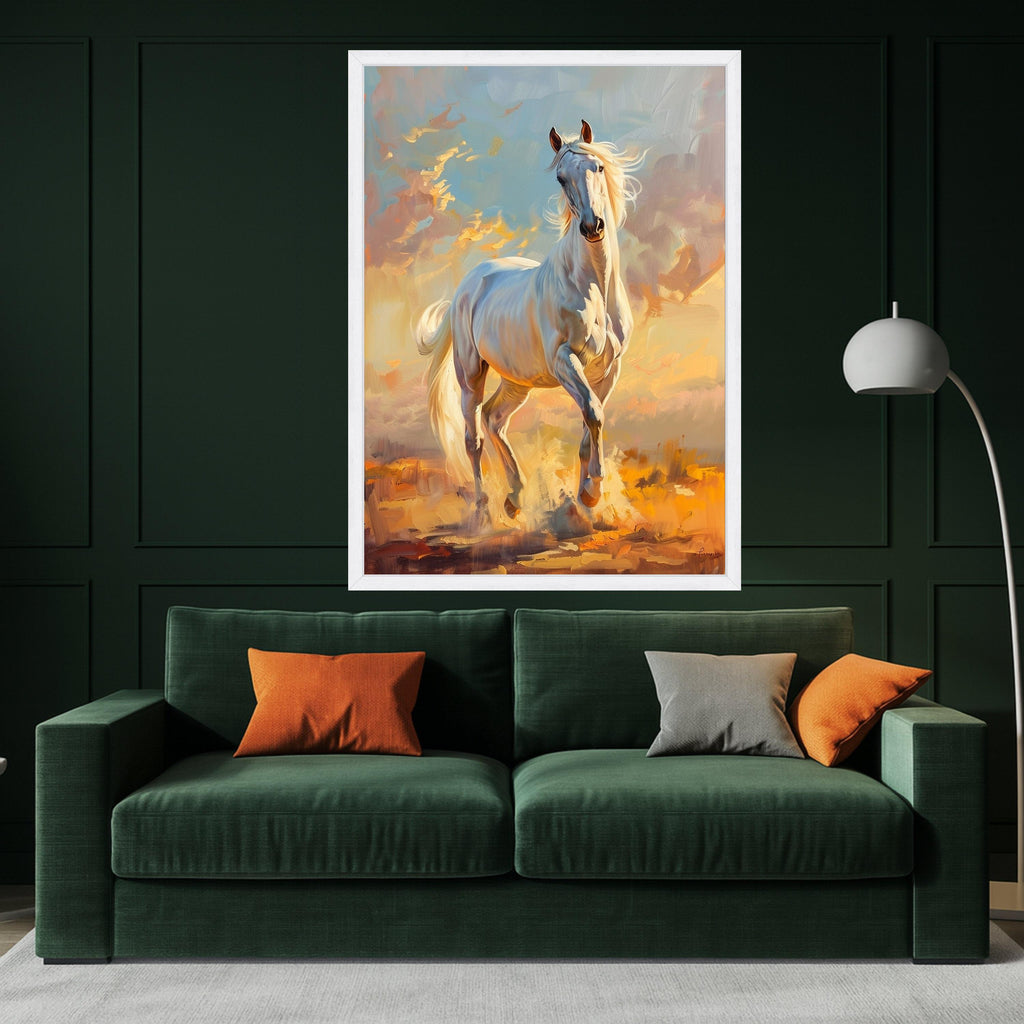 Majestic White Horse Canvas, Running Stallion Wall Art, Equestrian Home Decor, Nature Animal Canvas, Dynamic Horse Painting