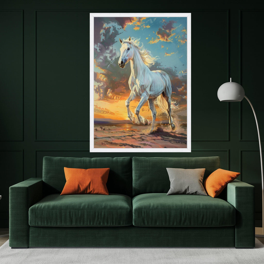 Majestic White Horse Running at Sunset, Wilderness Canvas Wall Art, Equine Nature Painting, Scenic Landscape Canvas, Inspirational Home