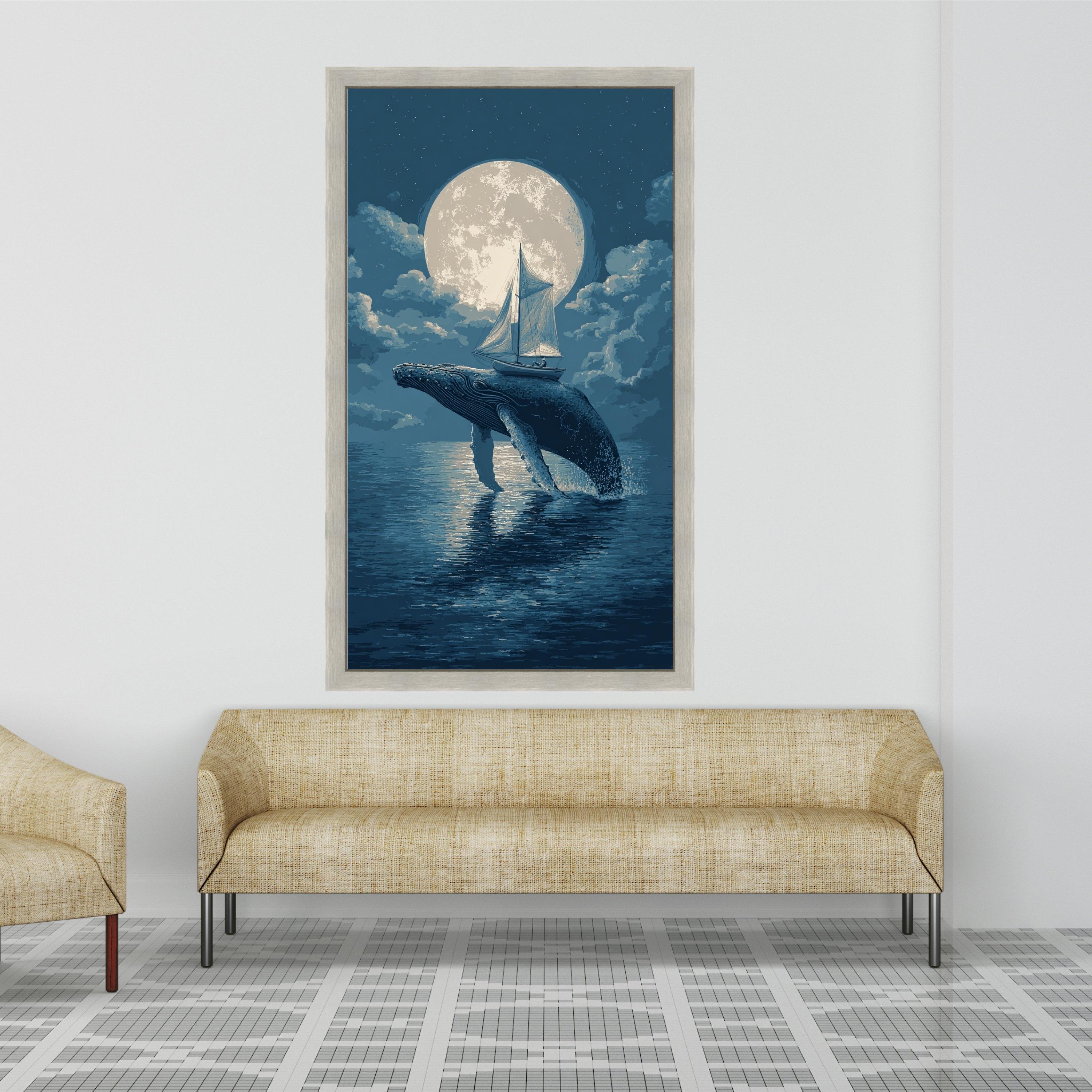 Moonlit Whale Jump, Sailboat Adventure Canvas, Ocean Night Sky Wall Art, Nautical Theme Canvas, Surreal Marine Decoration