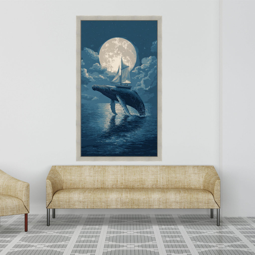 Moonlit Whale Jump, Sailboat Adventure Canvas, Ocean Night Sky Wall Art, Nautical Theme Canvas, Surreal Marine Decoration