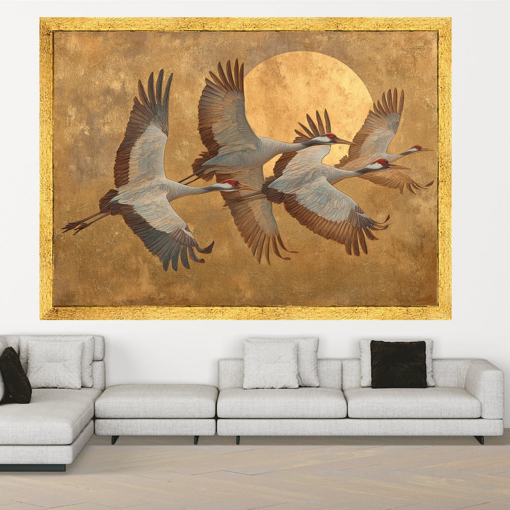 Elegant Flying Cranes Canvas Wall Art, Golden Sun Background, Bird Nature Scene, Tranquil Wildlife Canvas, Home Decor Wall Hanging