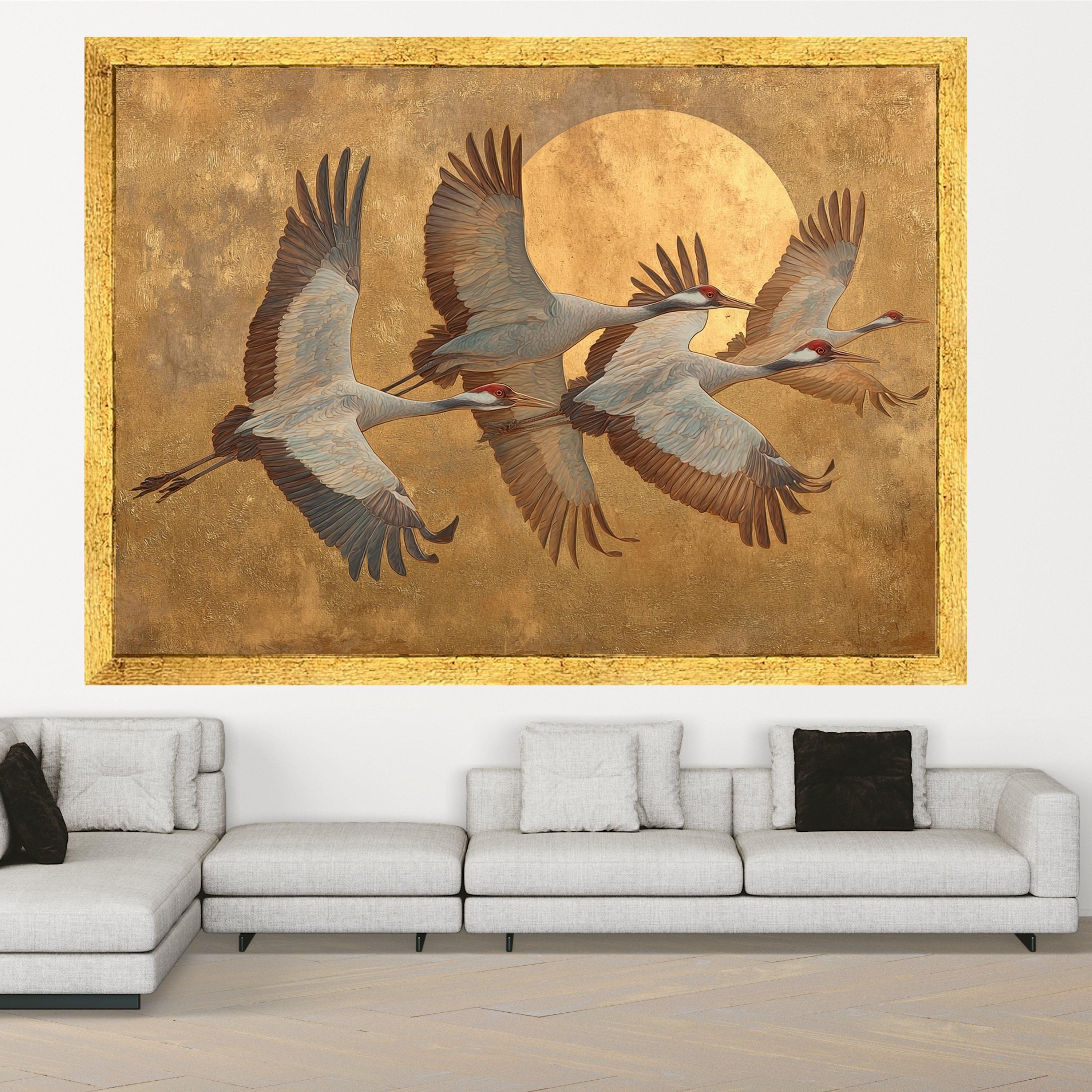Elegant Flying Cranes Canvas Wall Art, Golden Sun Background, Bird Nature Scene, Tranquil Wildlife Canvas, Home Decor Wall Hanging