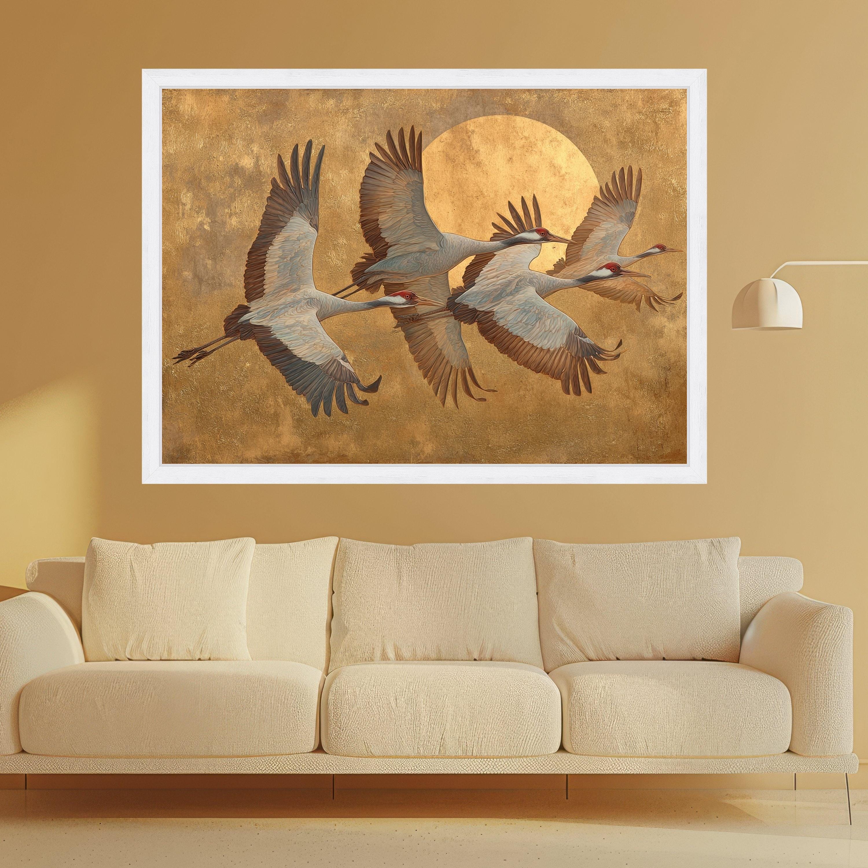 Elegant Flying Cranes Canvas Wall Art, Golden Sun Background, Bird Nature Scene, Tranquil Wildlife Canvas, Home Decor Wall Hanging
