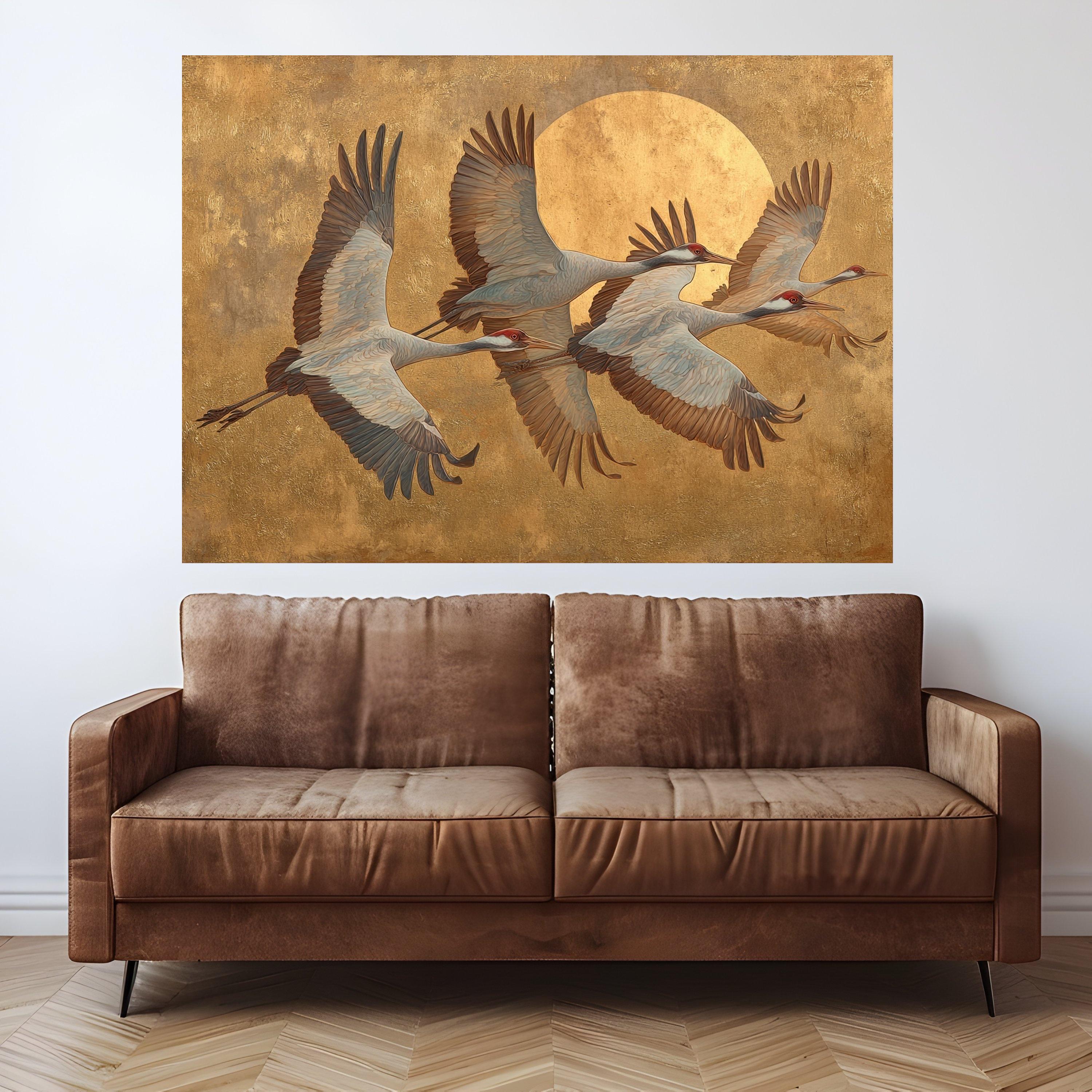 Elegant Flying Cranes Canvas Wall Art, Golden Sun Background, Bird Nature Scene, Tranquil Wildlife Canvas, Home Decor Wall Hanging