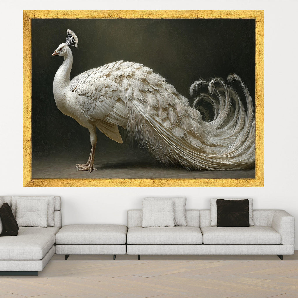 Elegant White Peacock Canvas Wall Art, Exotic Bird Illustration, Luxury Animal Portrait Decor, Graceful Wildlife Canvas Print