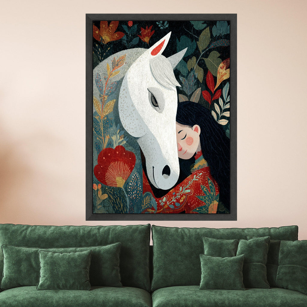 Whimsical Girl with White Horse Canvas, Floral Nature Wall Art, Cozy Animal Friendship Illustration, Home Decoration Canvas Art