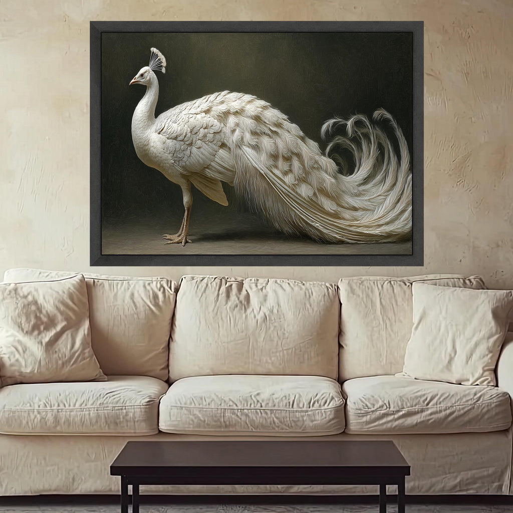 Elegant White Peacock Canvas Wall Art, Exotic Bird Illustration, Luxury Animal Portrait Decor, Graceful Wildlife Canvas Print