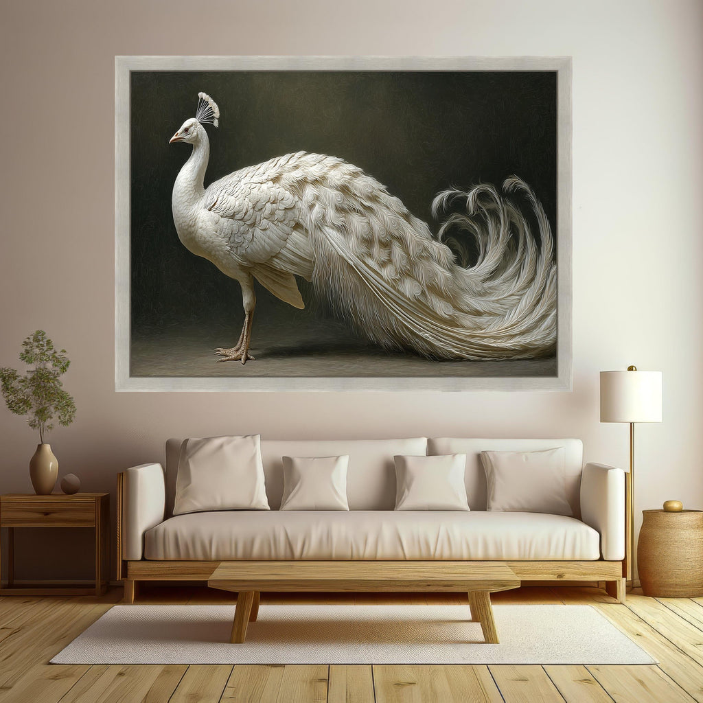 Elegant White Peacock Canvas Wall Art, Exotic Bird Illustration, Luxury Animal Portrait Decor, Graceful Wildlife Canvas Print