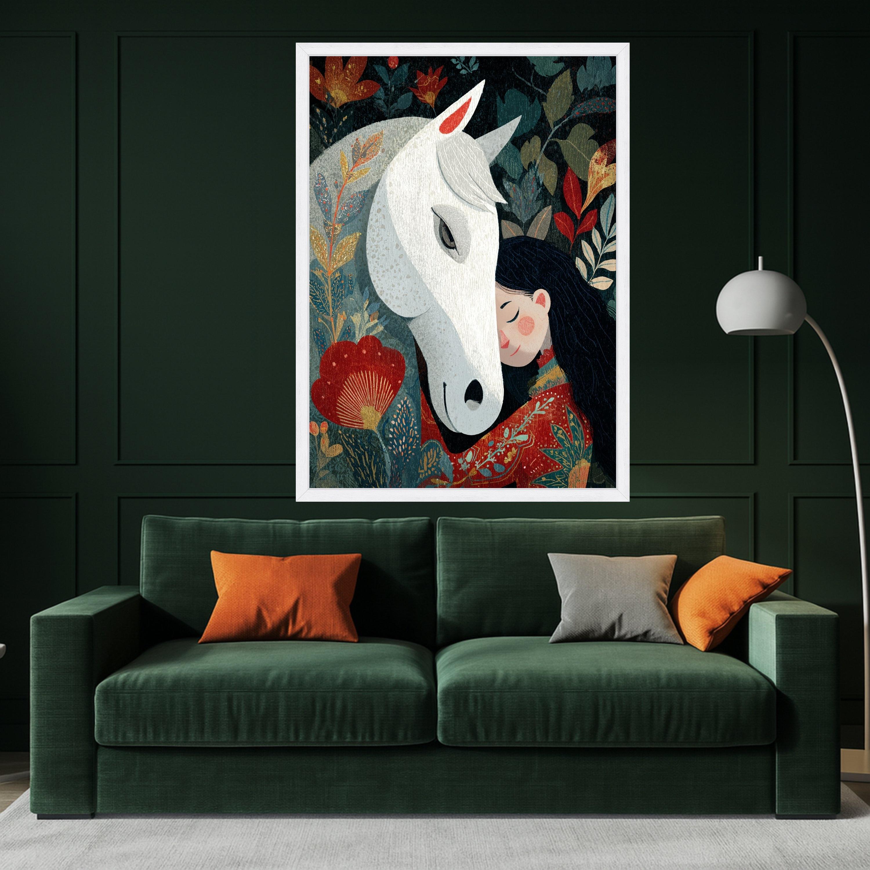 Whimsical Girl with White Horse Canvas, Floral Nature Wall Art, Cozy Animal Friendship Illustration, Home Decoration Canvas Art
