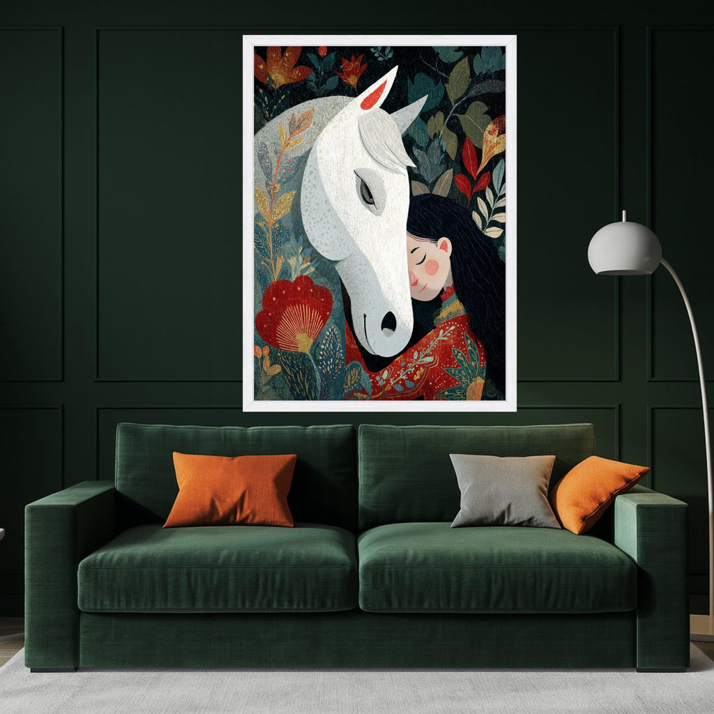 Whimsical Girl with White Horse Canvas, Floral Nature Wall Art, Cozy Animal Friendship Illustration, Home Decoration Canvas Art