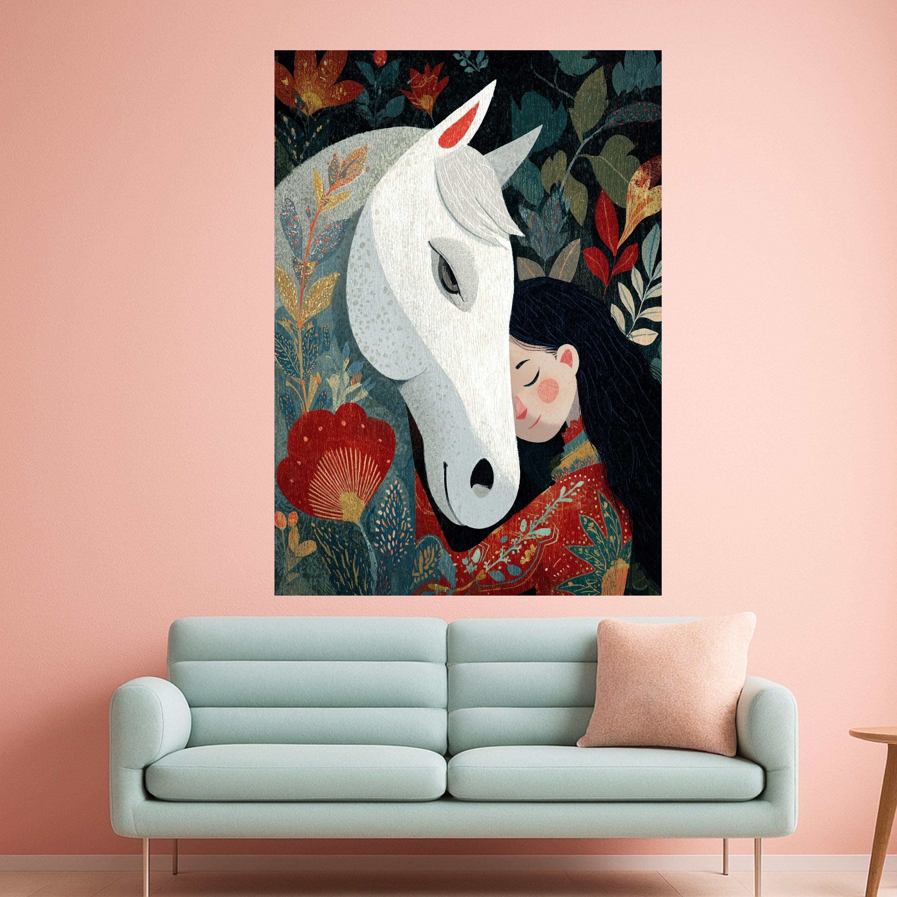 Whimsical Girl with White Horse Canvas, Floral Nature Wall Art, Cozy Animal Friendship Illustration, Home Decoration Canvas Art
