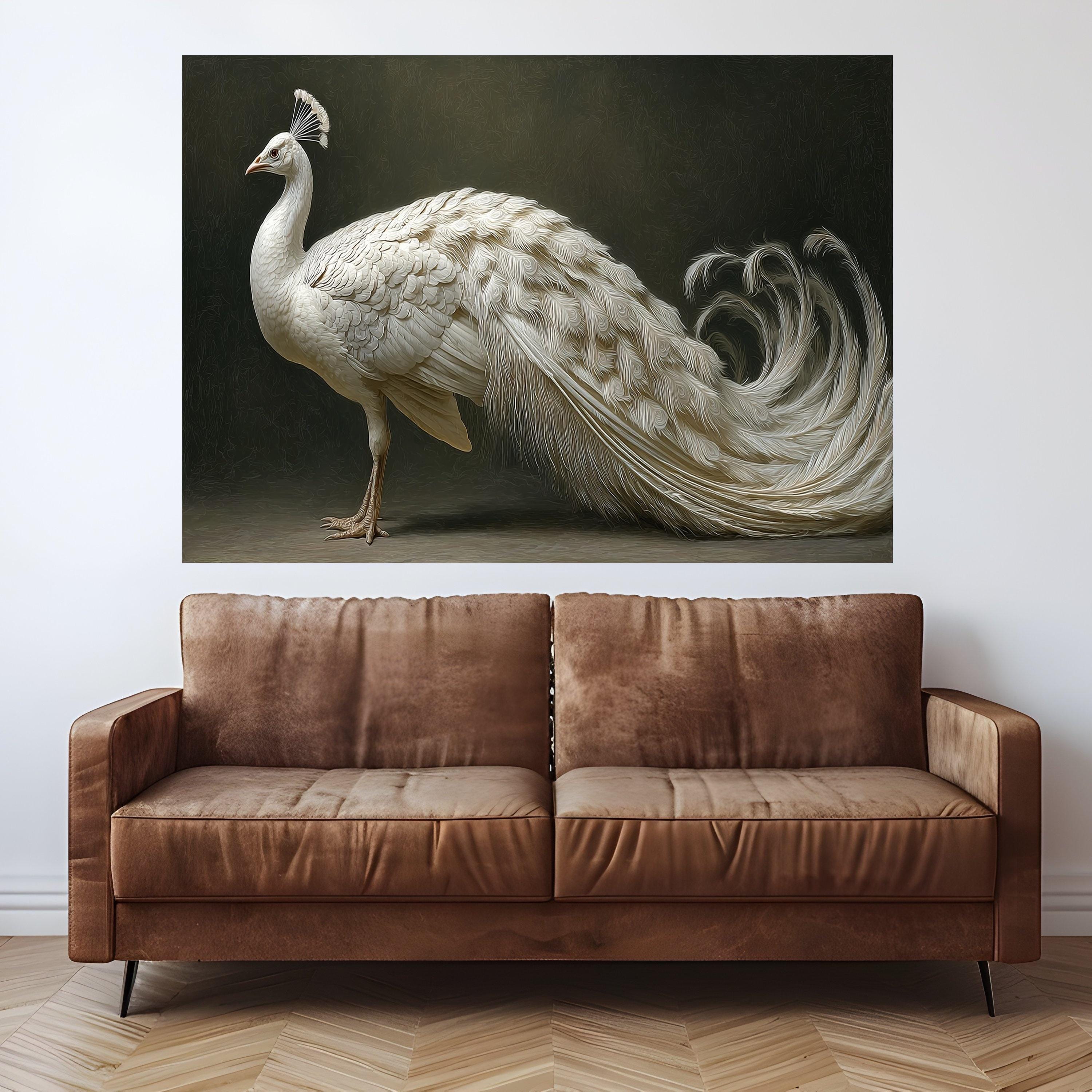 Elegant White Peacock Canvas Wall Art, Exotic Bird Illustration, Luxury Animal Portrait Decor, Graceful Wildlife Canvas Print