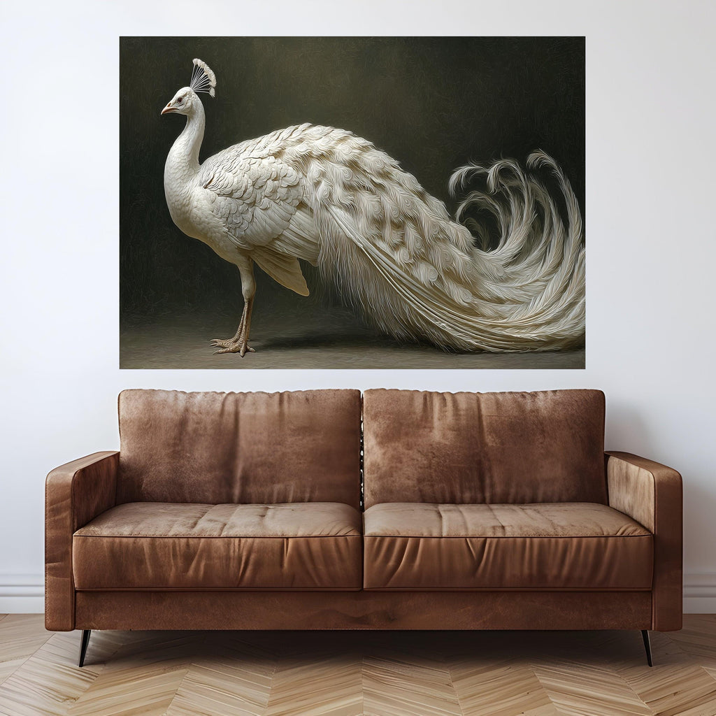 Elegant White Peacock Canvas Wall Art, Exotic Bird Illustration, Luxury Animal Portrait Decor, Graceful Wildlife Canvas Print