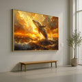 Majestic Whale Breach at Sunset Canvas, Ocean Wildlife Wall Art, Golden Sea Scene, Coastal Home Decor, Nature Canvas Print