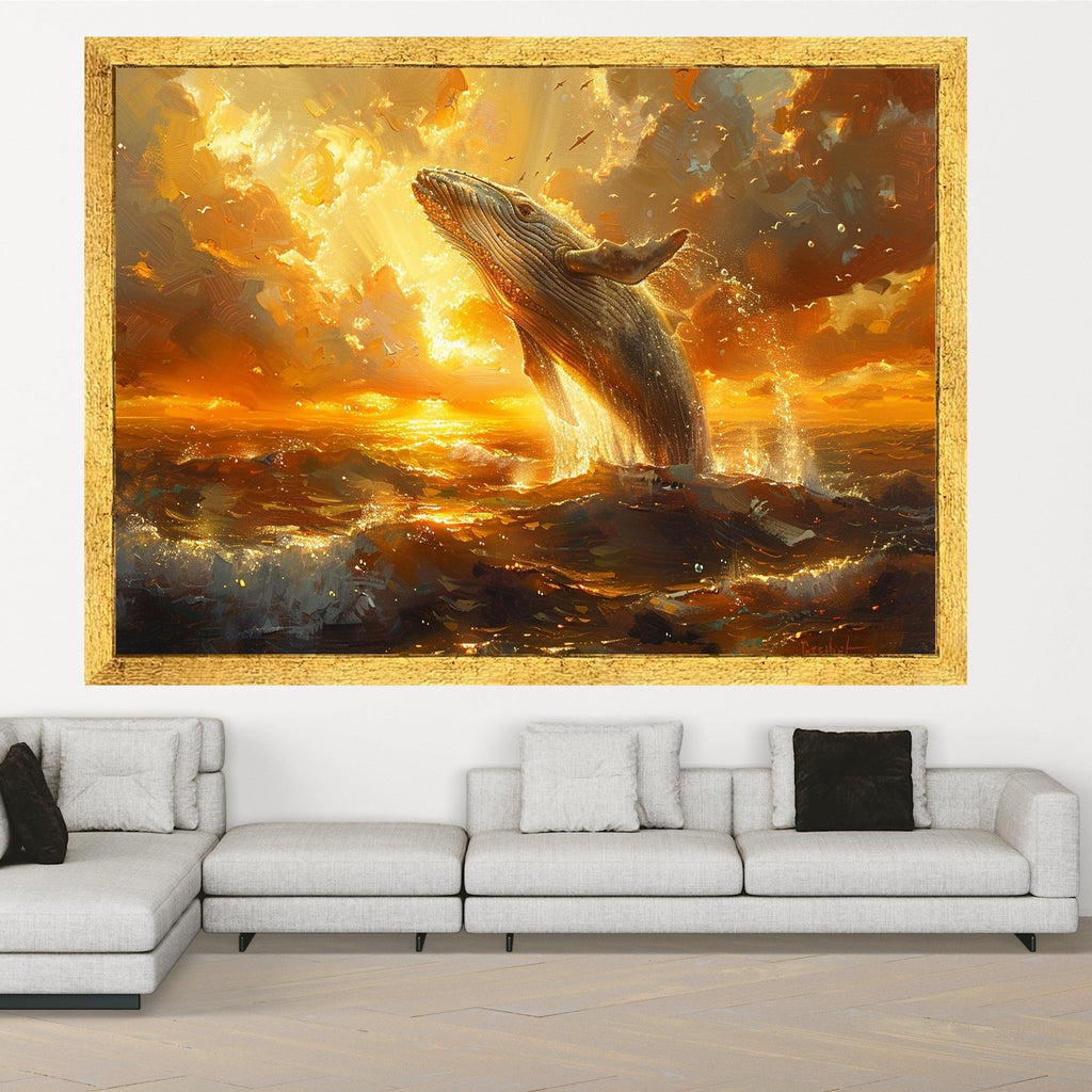 Majestic Whale Breach at Sunset Canvas, Ocean Wildlife Wall Art, Golden Sea Scene, Coastal Home Decor, Nature Canvas Print
