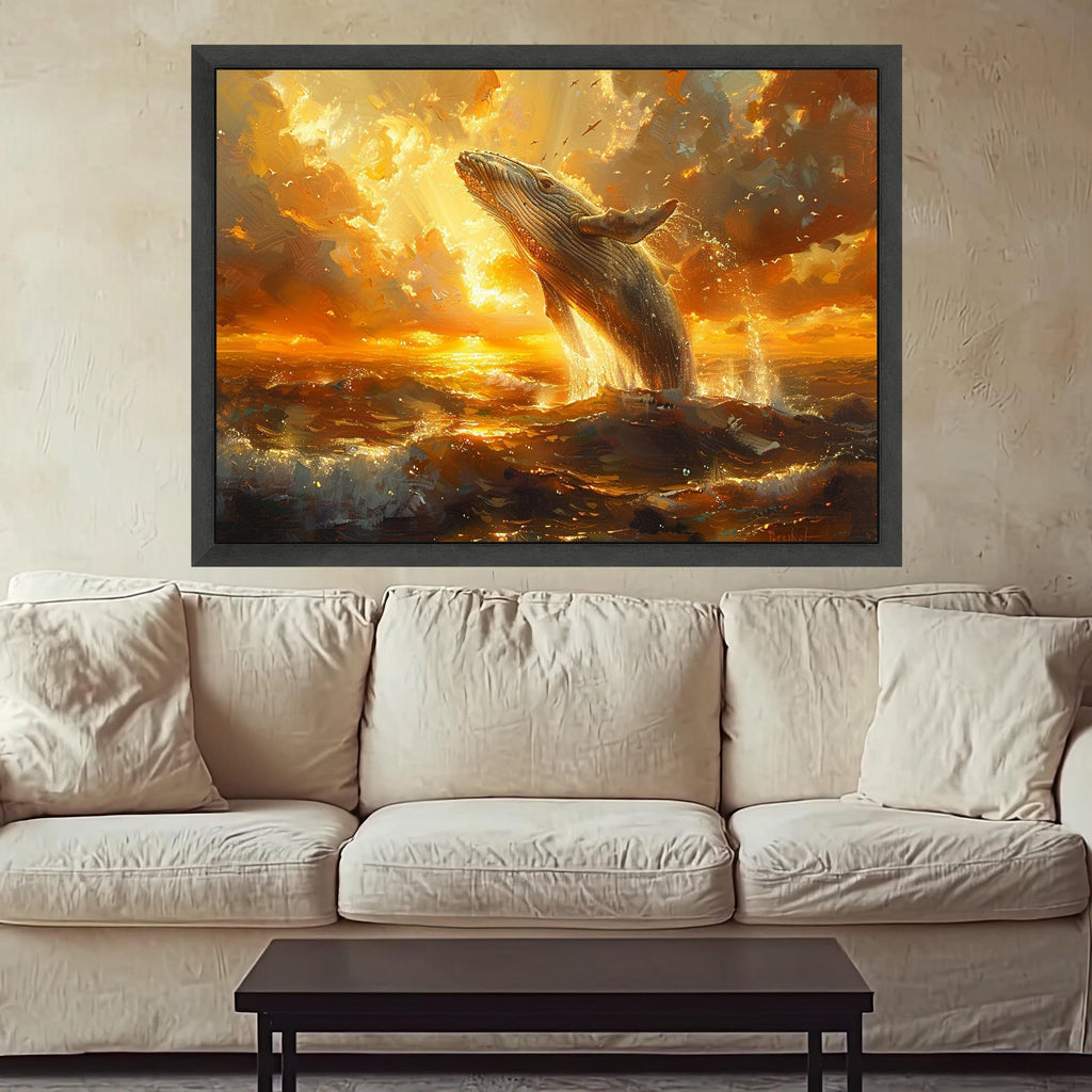 Majestic Whale Breach at Sunset Canvas, Ocean Wildlife Wall Art, Golden Sea Scene, Coastal Home Decor, Nature Canvas Print