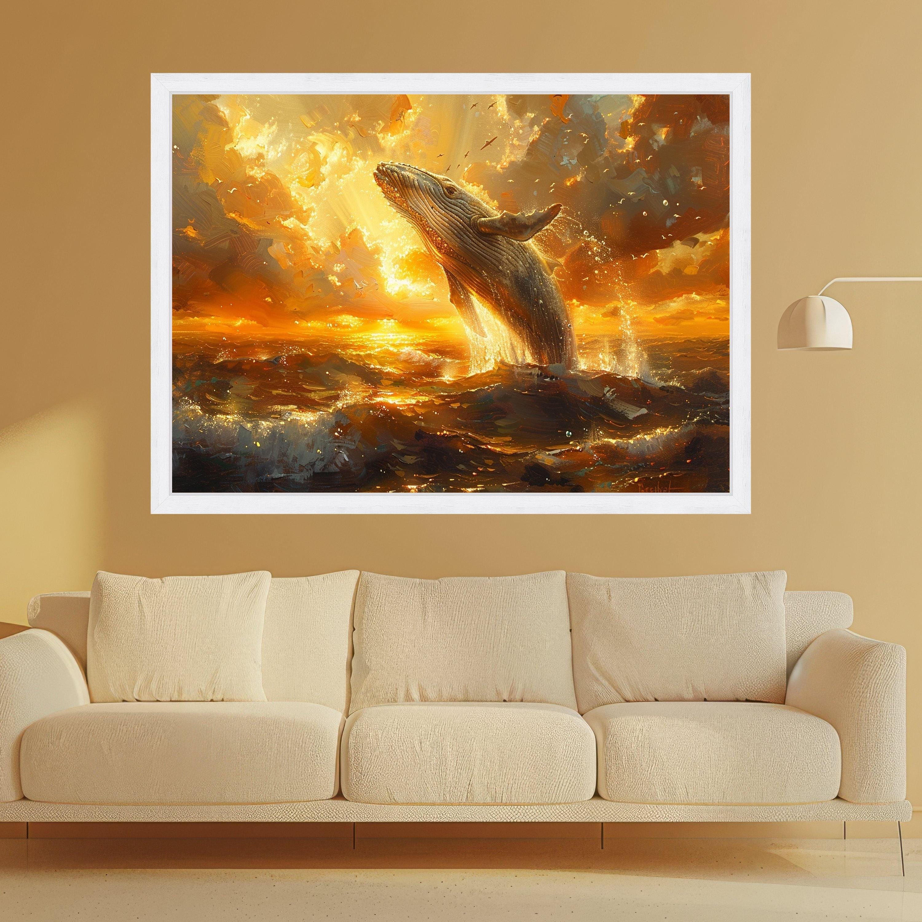 Majestic Whale Breach at Sunset Canvas, Ocean Wildlife Wall Art, Golden Sea Scene, Coastal Home Decor, Nature Canvas Print