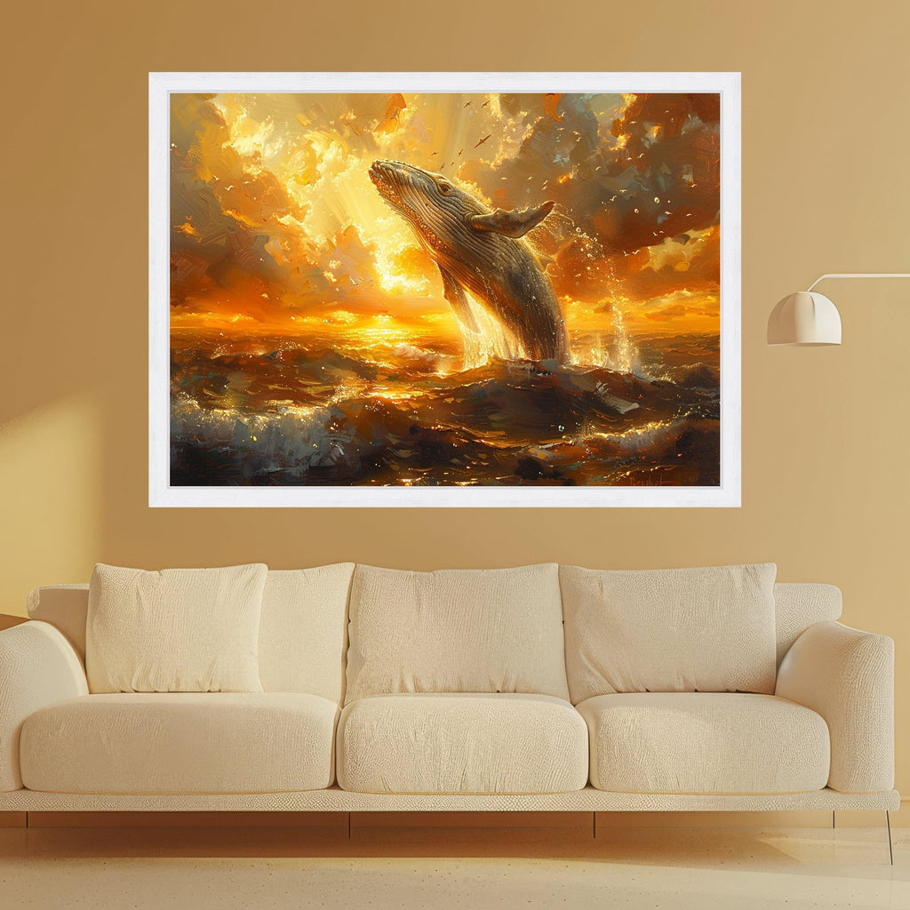 Majestic Whale Breach at Sunset Canvas, Ocean Wildlife Wall Art, Golden Sea Scene, Coastal Home Decor, Nature Canvas Print