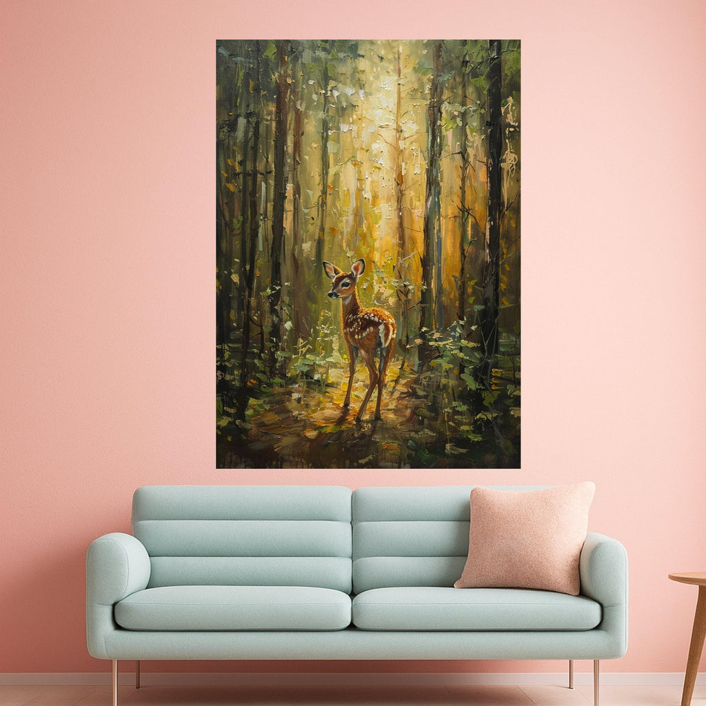 Gentle Fawn in Sunlit Forest Canvas, Woodland Animal Wall Art, Nature Scene Canvas, Rustic Home Decoration, Woodland Wildlife Canvas