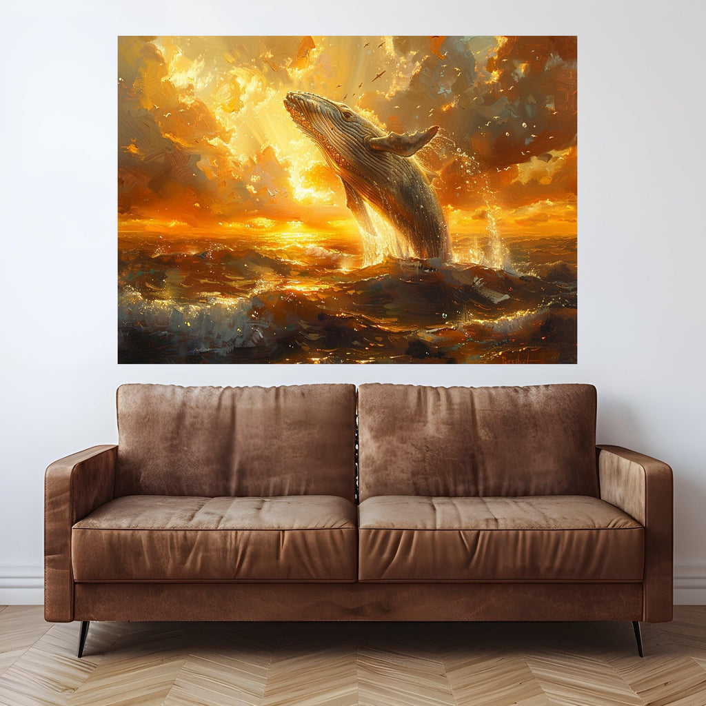 Majestic Whale Breach at Sunset Canvas, Ocean Wildlife Wall Art, Golden Sea Scene, Coastal Home Decor, Nature Canvas Print