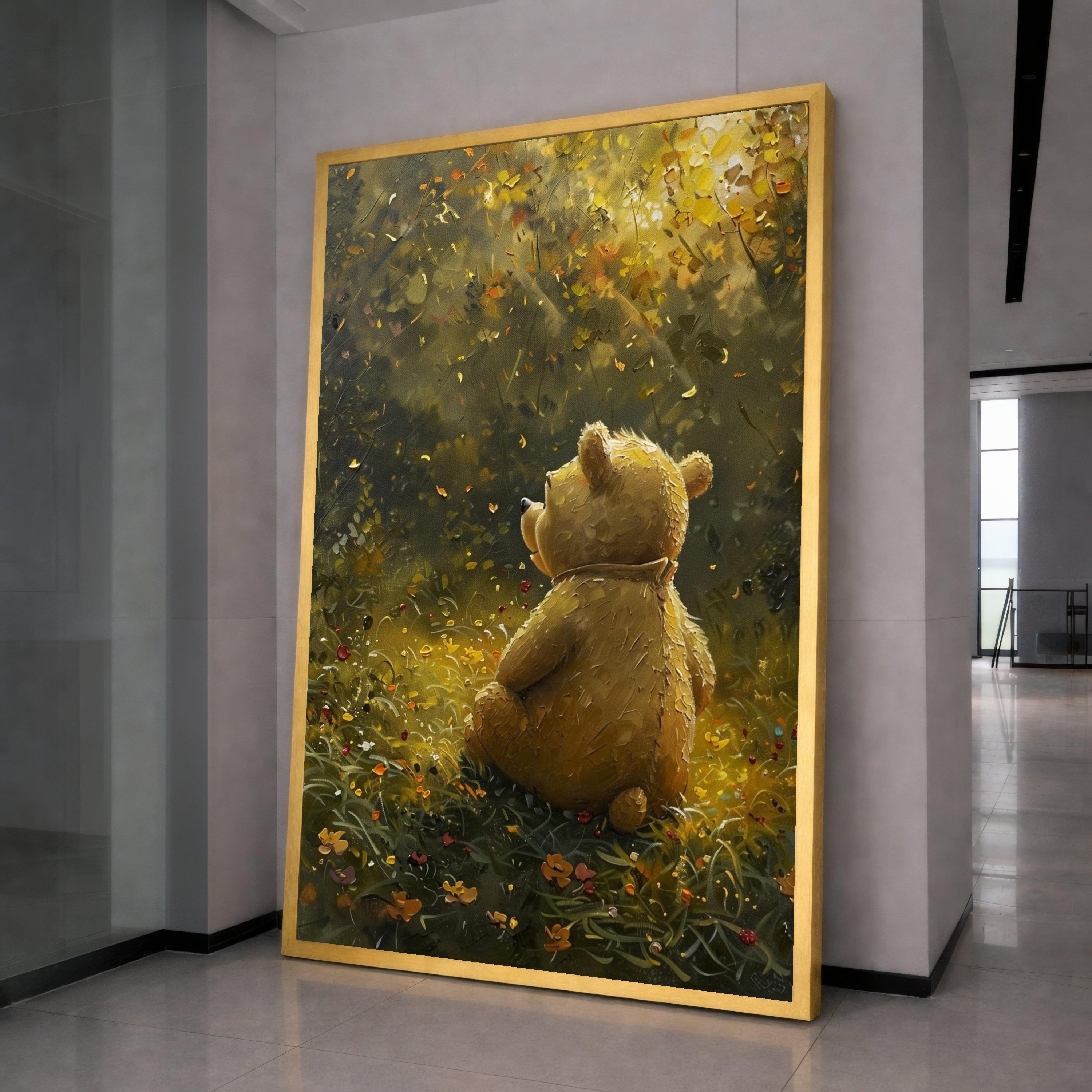 Whimsical Teddy Bear in Autumn Meadow Canvas, Childrens Room Wall Art, Cute Animal Illustration, Cozy Nature Scene Canvas