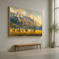 Wild Horses Running Canvas, Mountain Landscape Wall Art, Sunset Field Scene, Nature Canvas Decoration, Western Home Art