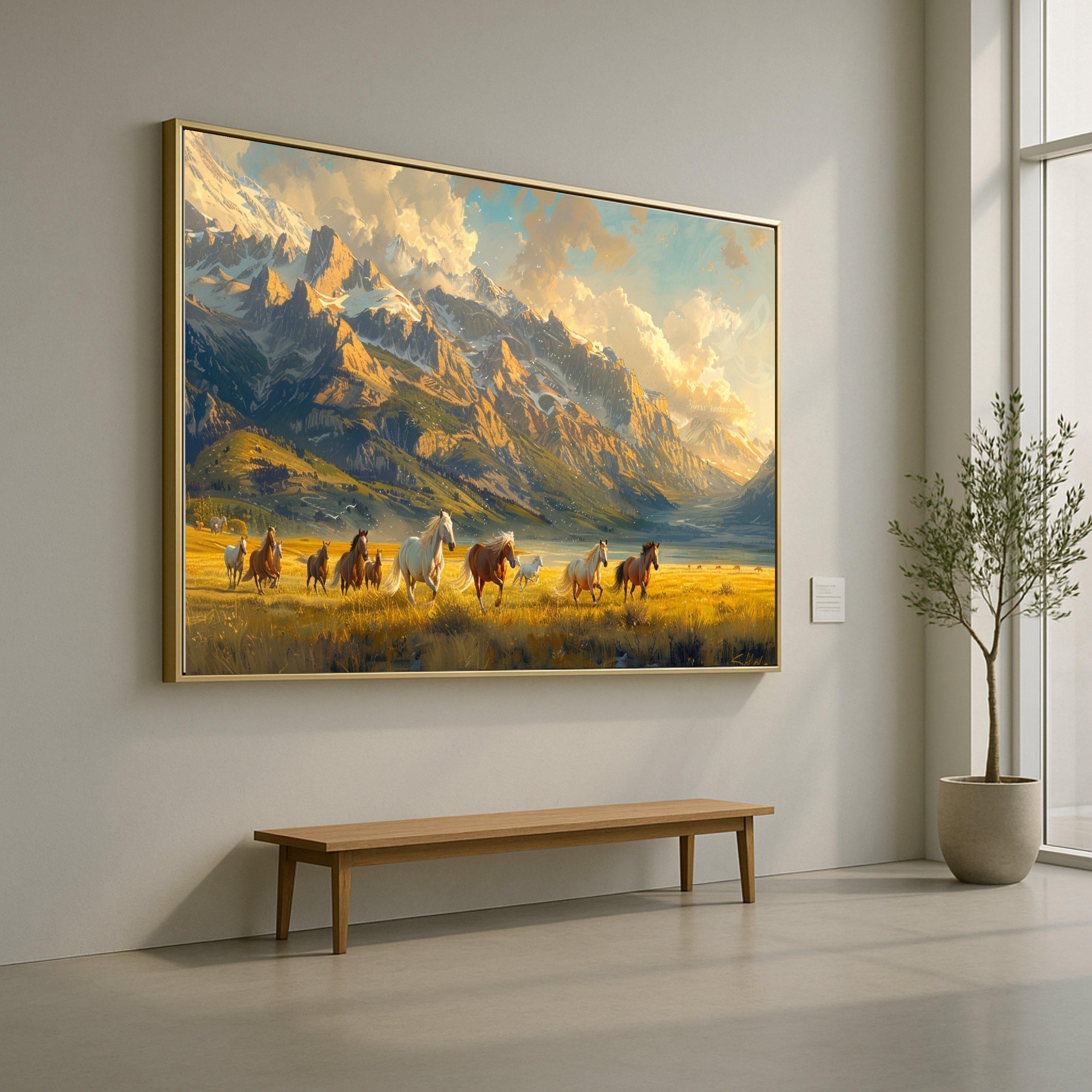 Wild Horses Running Canvas, Mountain Landscape Wall Art, Sunset Field Scene, Nature Canvas Decoration, Western Home Art